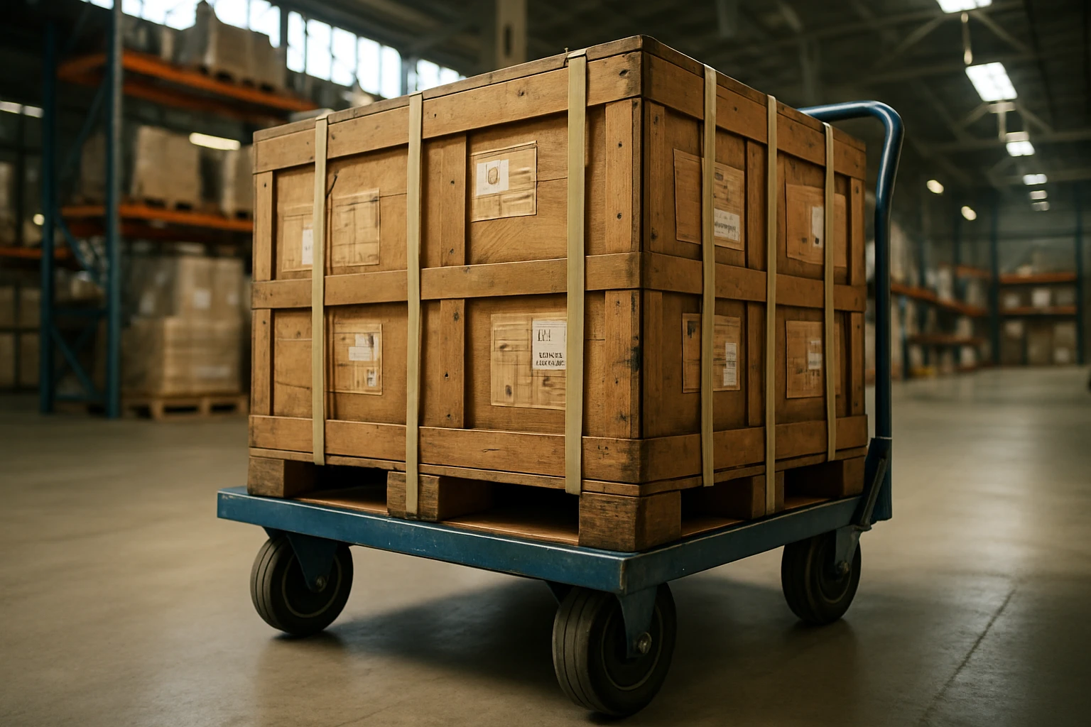 A close-up of a moving dolly with large, tightly secured wooden crates labeled with various destination tags, set against the backdrop of an industrial warehouse with high ceilings and metal shelving full of packing materials.