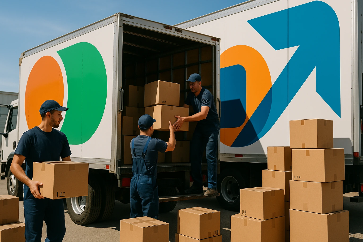 A bustling scene at a storage facility, with movers carefully loading labeled cardboard boxes into a moving truck, surrounded by large, colorful company logos on the truck exterior, under a clear blue sky.