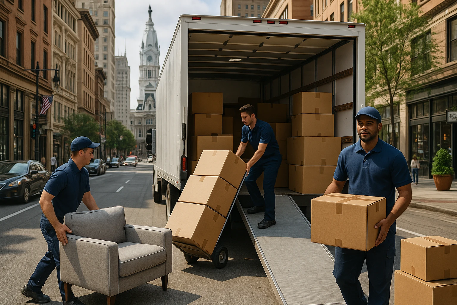 A friendly, uniformed moving crew loading furniture and boxes into a branded moving truck parked on a lively Philadelphia street, with iconic city buildings in the background.