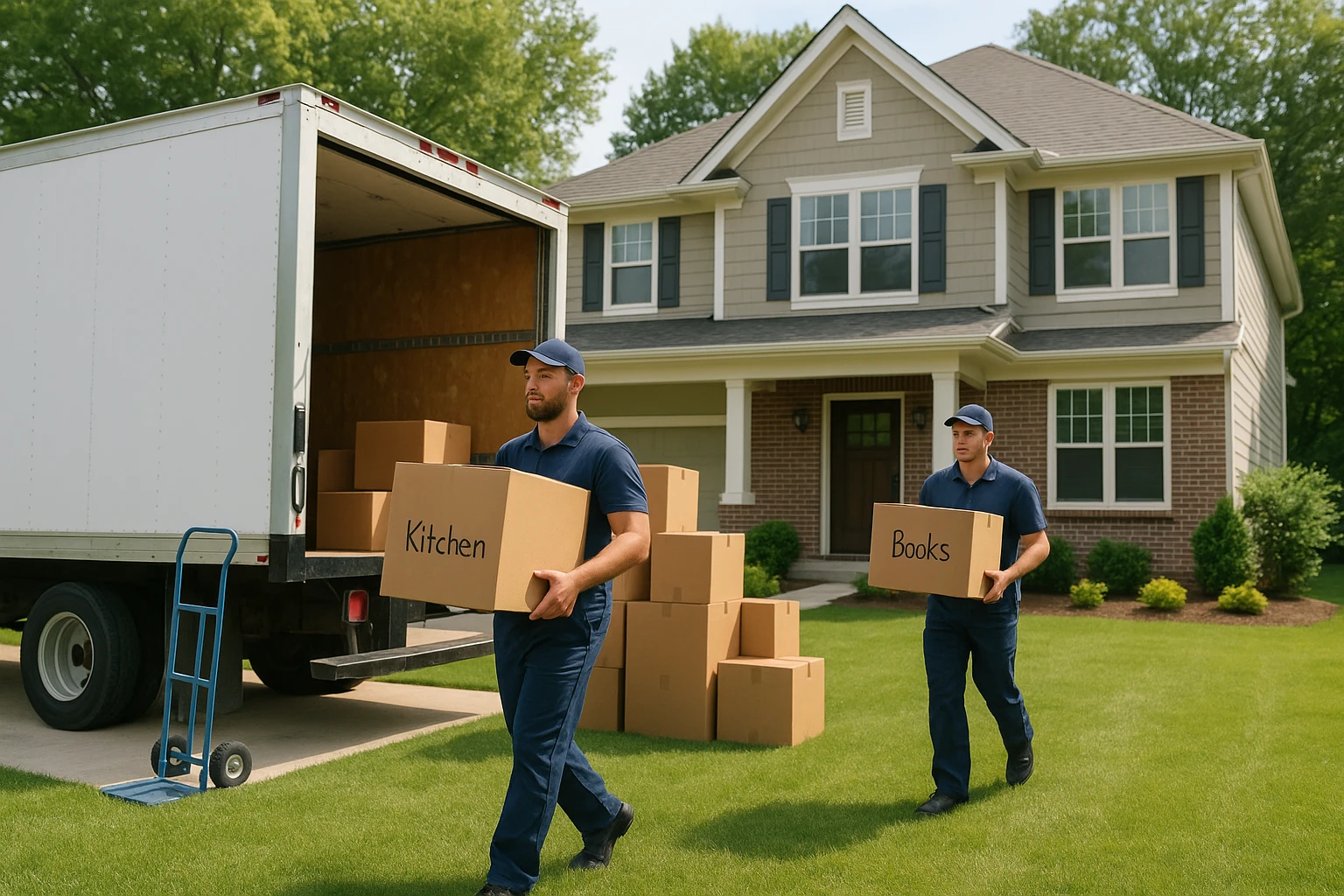A moving truck parked in front of a suburban home with movers carrying cardboard boxes labeled