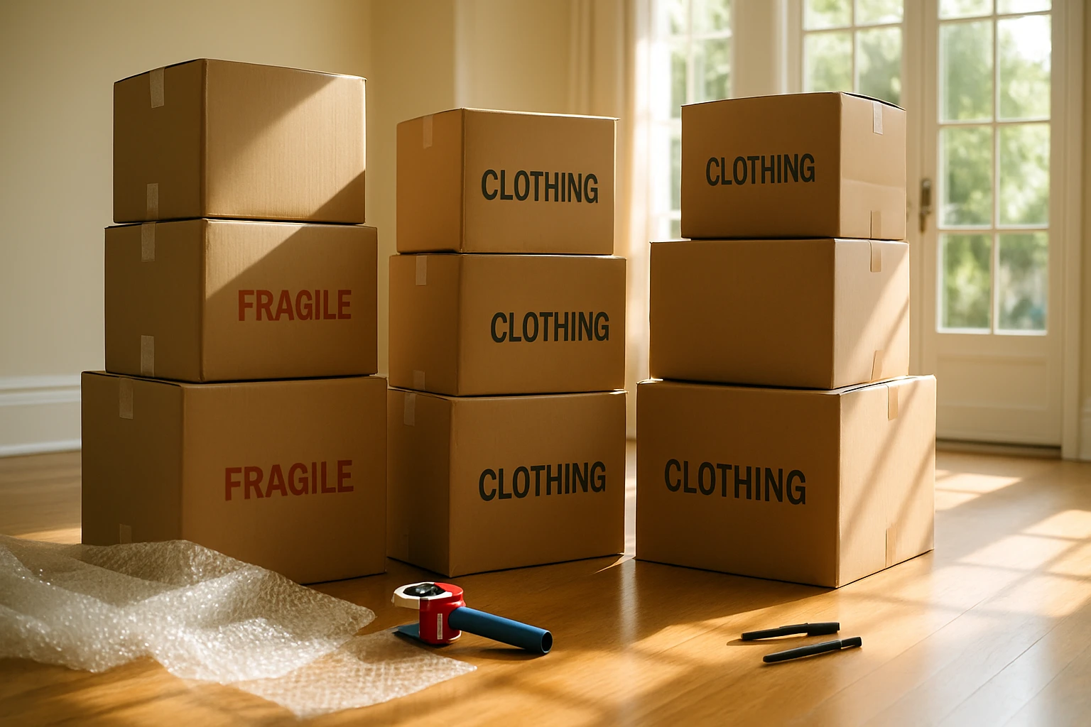Stacks of packed moving boxes labeled