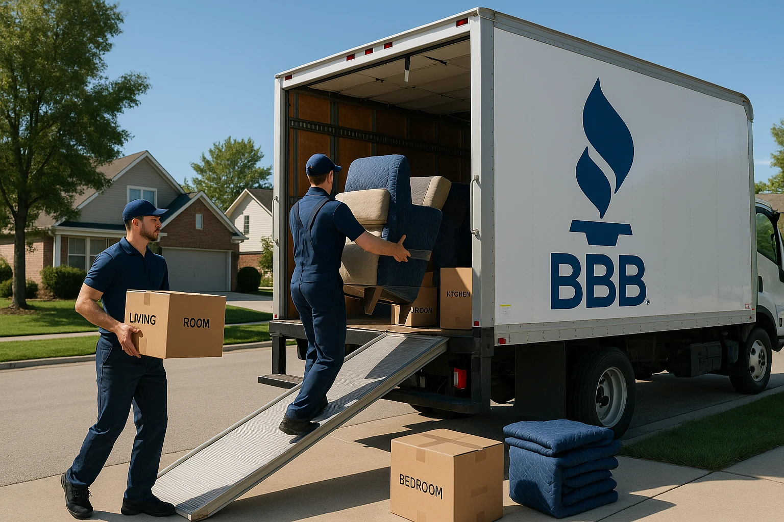 A moving truck parked in a suburban neighborhood, with movers in uniform carefully loading labeled boxes and furniture under a clear blue sky, showcasing a BBB logo prominently on the truck’s side.