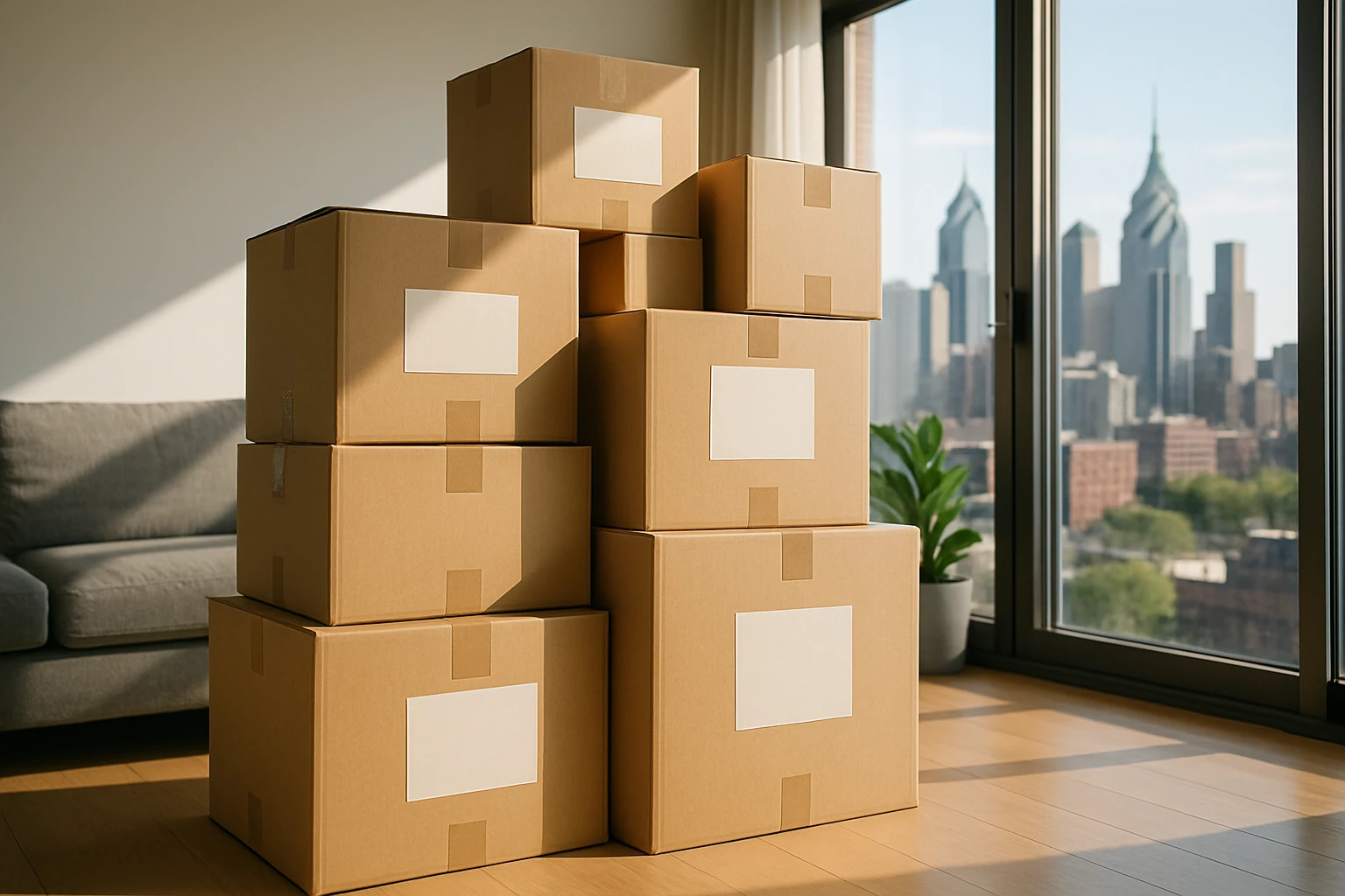 A stack of neatly packed and labeled moving boxes in a modern, sunlit living room with large windows, featuring the skyline of Philadelphia in the background.