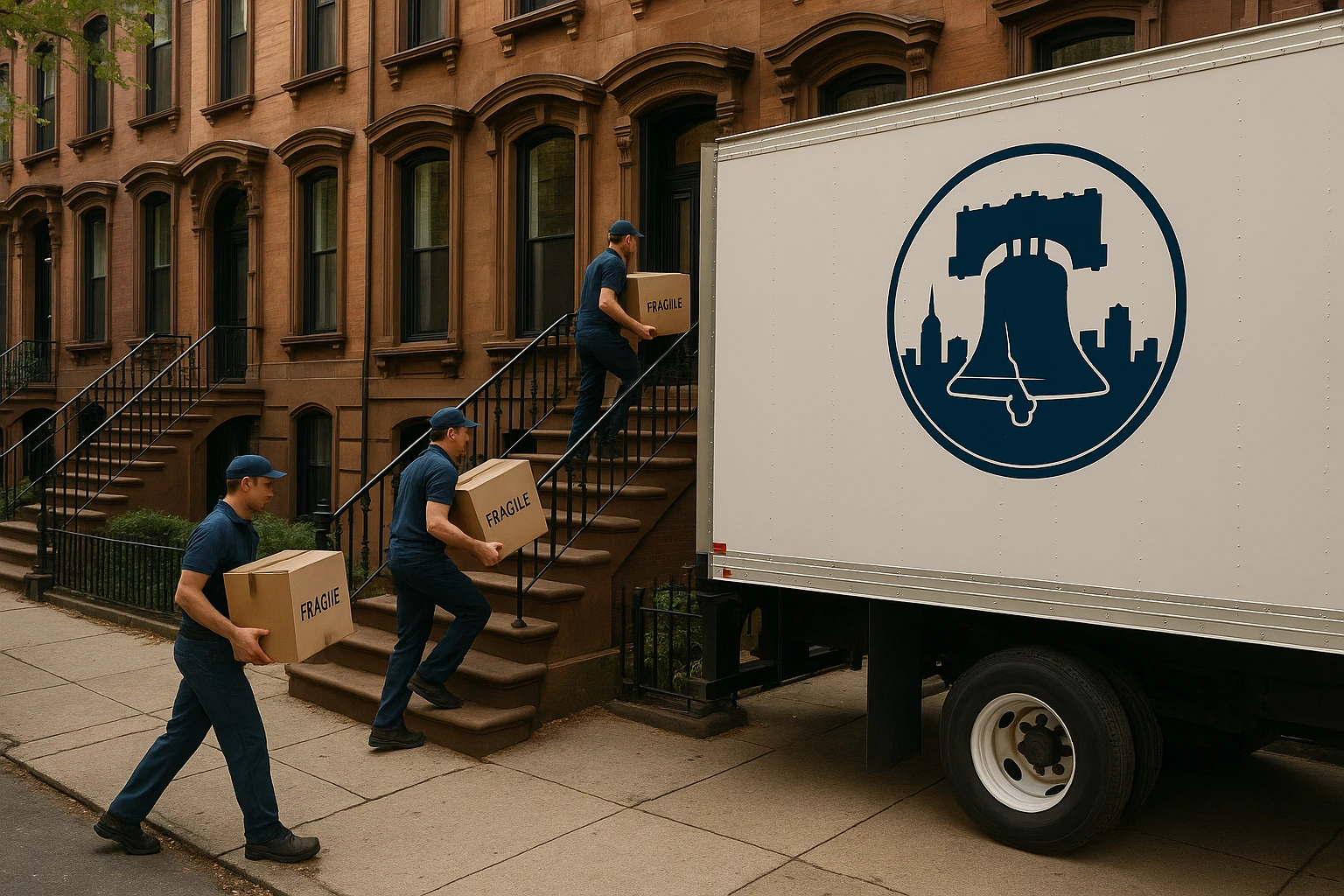 A moving truck with the logo of a Philadelphia-based company parked outside a row of historic brownstone houses, with movers carefully carrying boxes labeled