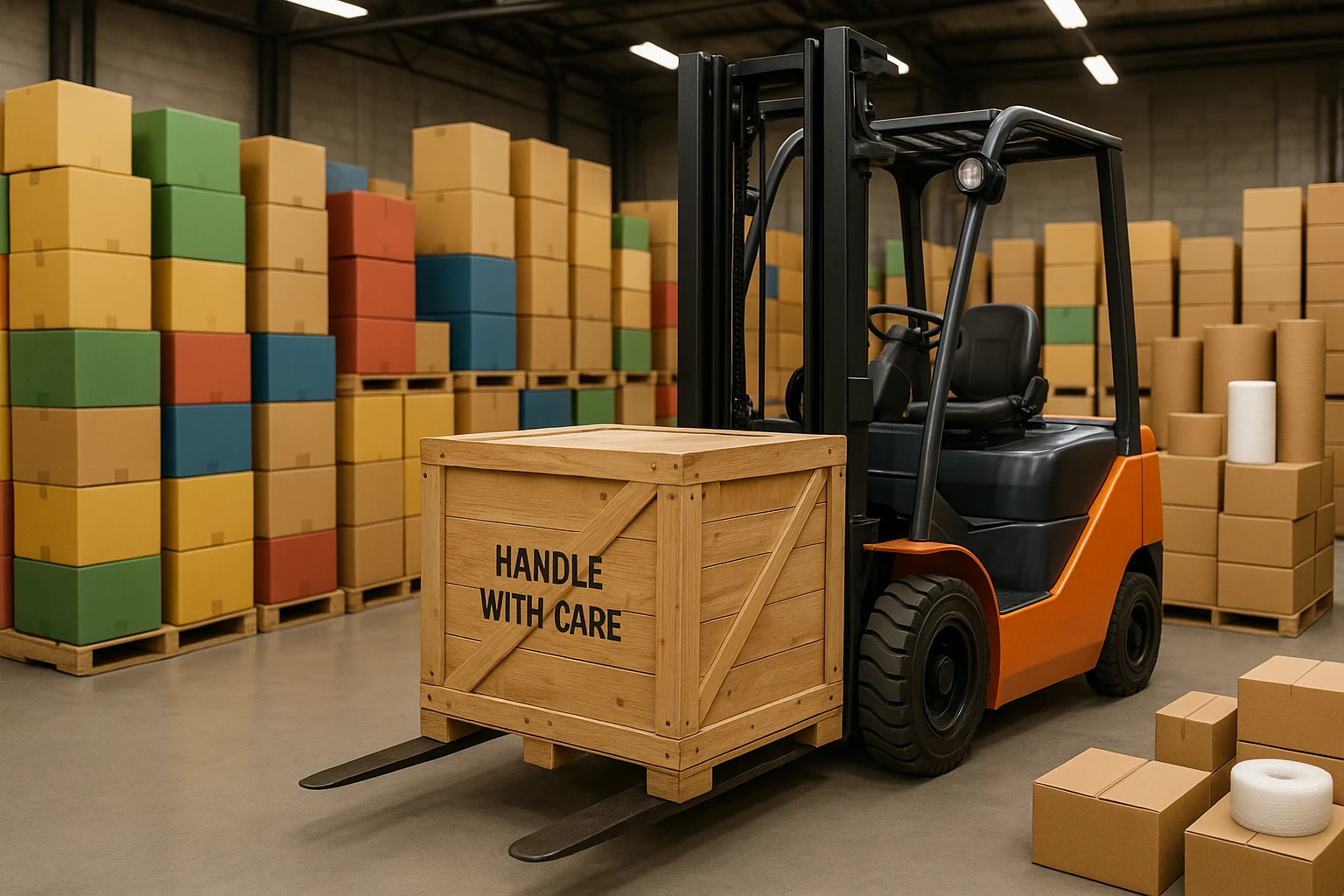 A moving company's warehouse filled with neatly stacked colorful cardboard boxes and packing supplies, with a forklift lifting a wooden crate labeled