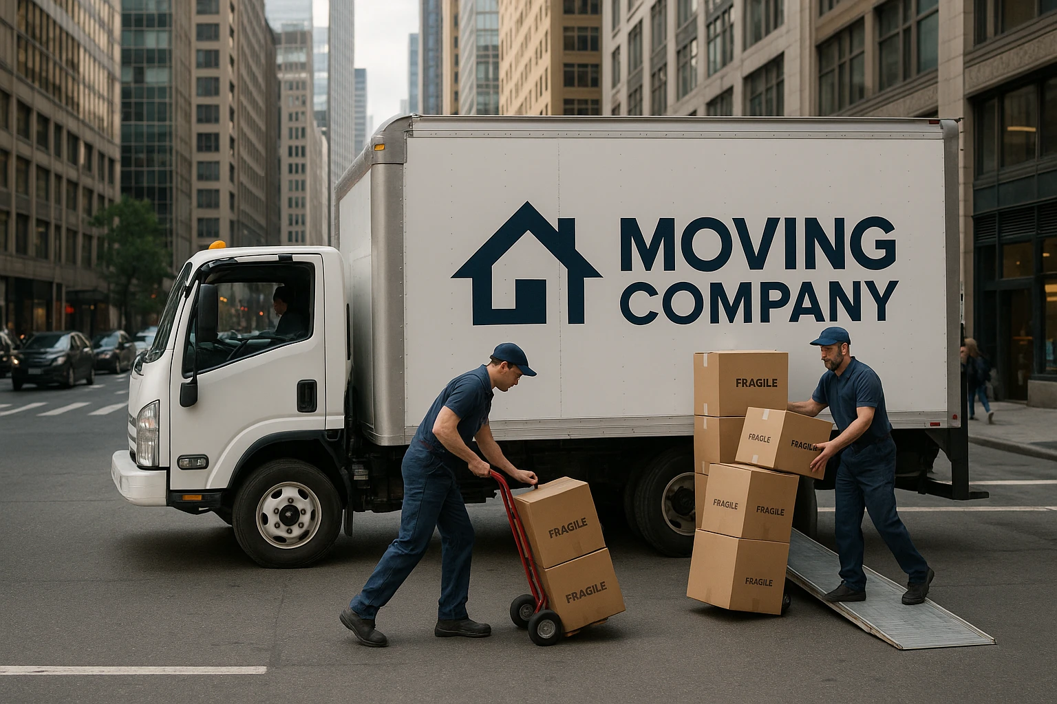 A moving truck adorned with the local moving company’s logo is parked on a bustling city street, surrounded by high-rise buildings, with movers carefully loading boxes labeled