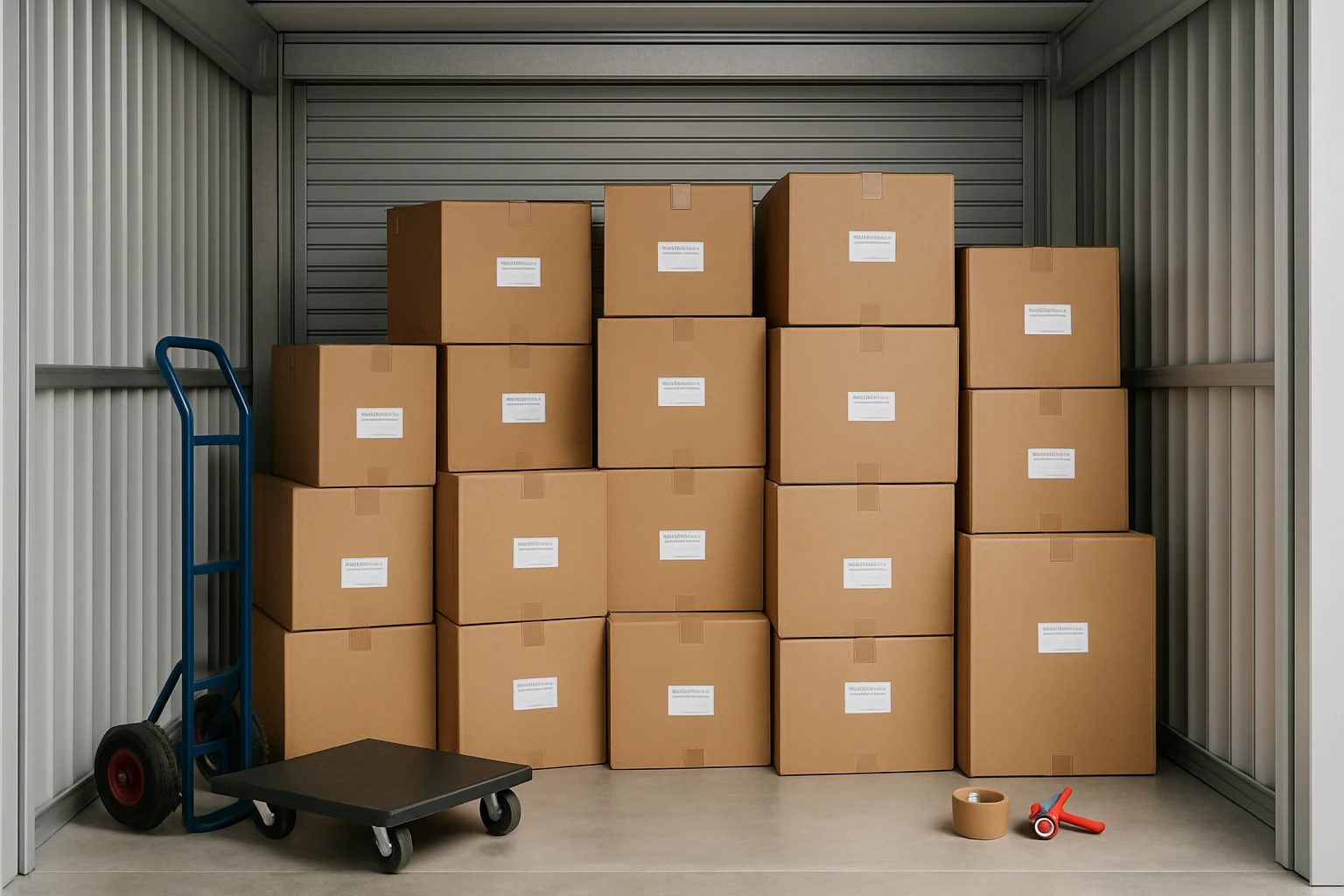 Stacks of labeled moving boxes neatly arranged inside a clean, well-lit storage unit, with tools like dollies and packing tape visible nearby on a polished concrete floor.