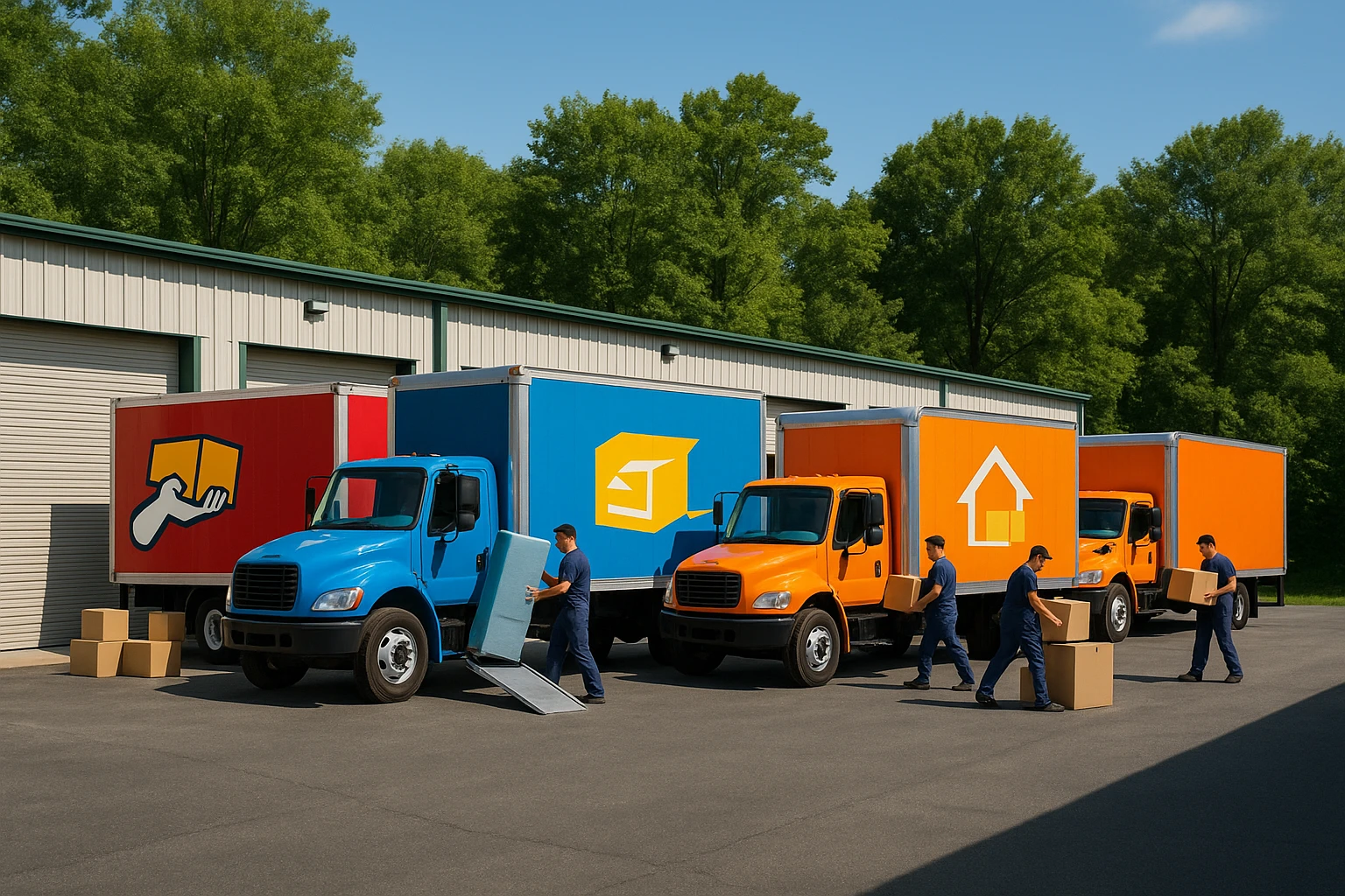 A row of moving trucks with vibrant logos parked in front of a storage facility surrounded by lush greenery, while movers in uniforms carefully load furniture and boxes into the trucks under a clear blue sky.