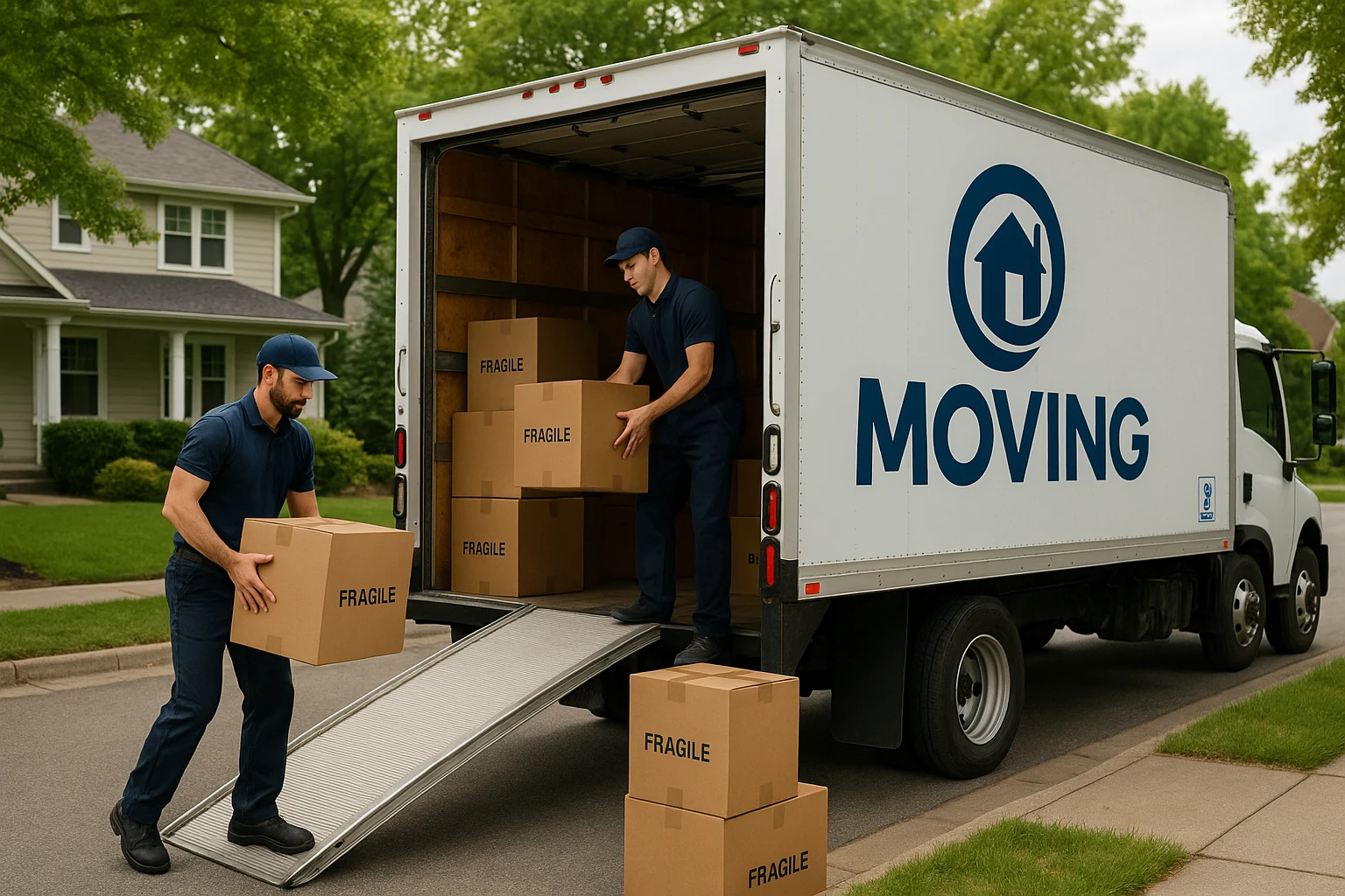 A moving truck with the company's logo parked on a suburban street, boxes labeled