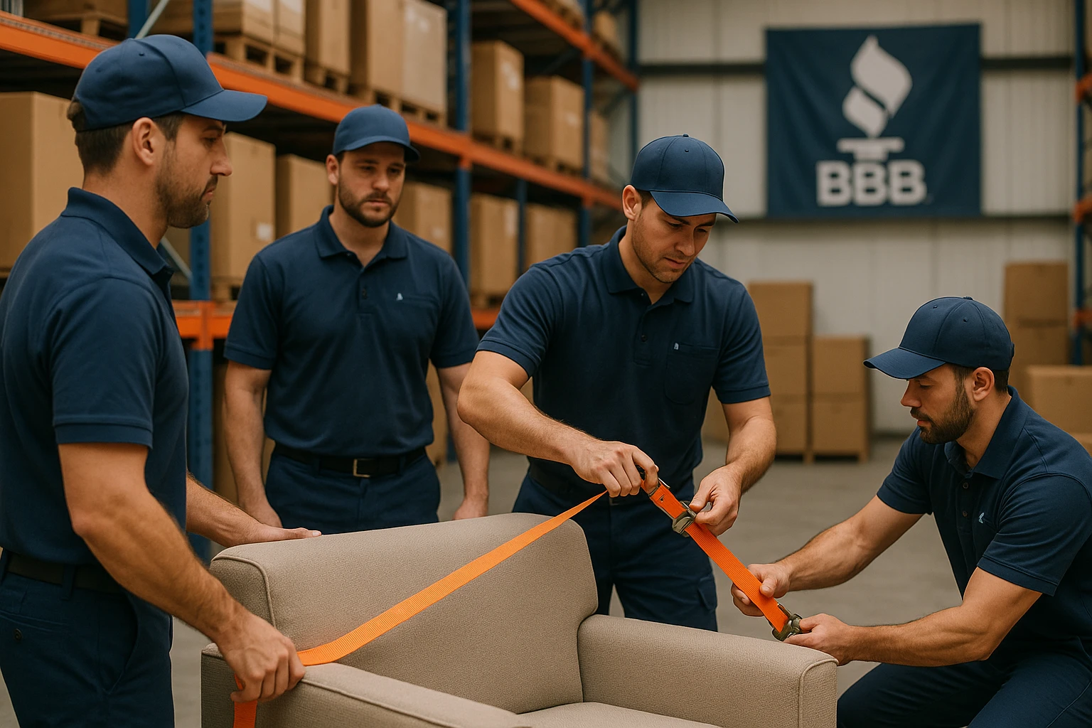 A group of movers in branded uniforms securing furniture with straps inside a spacious, well-organized storage facility, with a large banner displaying an A+ BBB rating hanging on the wall.