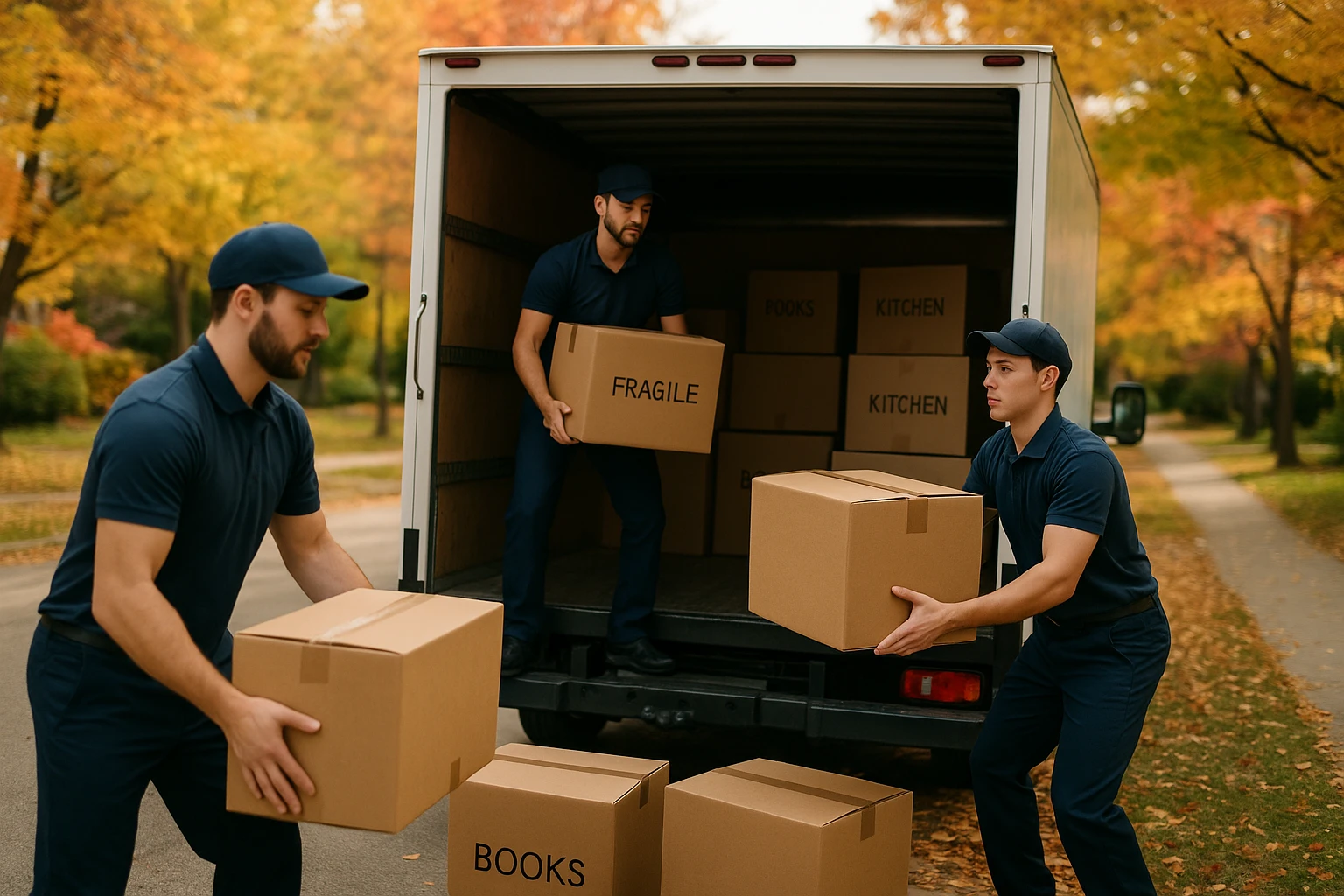 A team of movers carefully loading labeled cardboard boxes into a compact, local moving truck parked on a suburban street, surrounded by autumn trees.