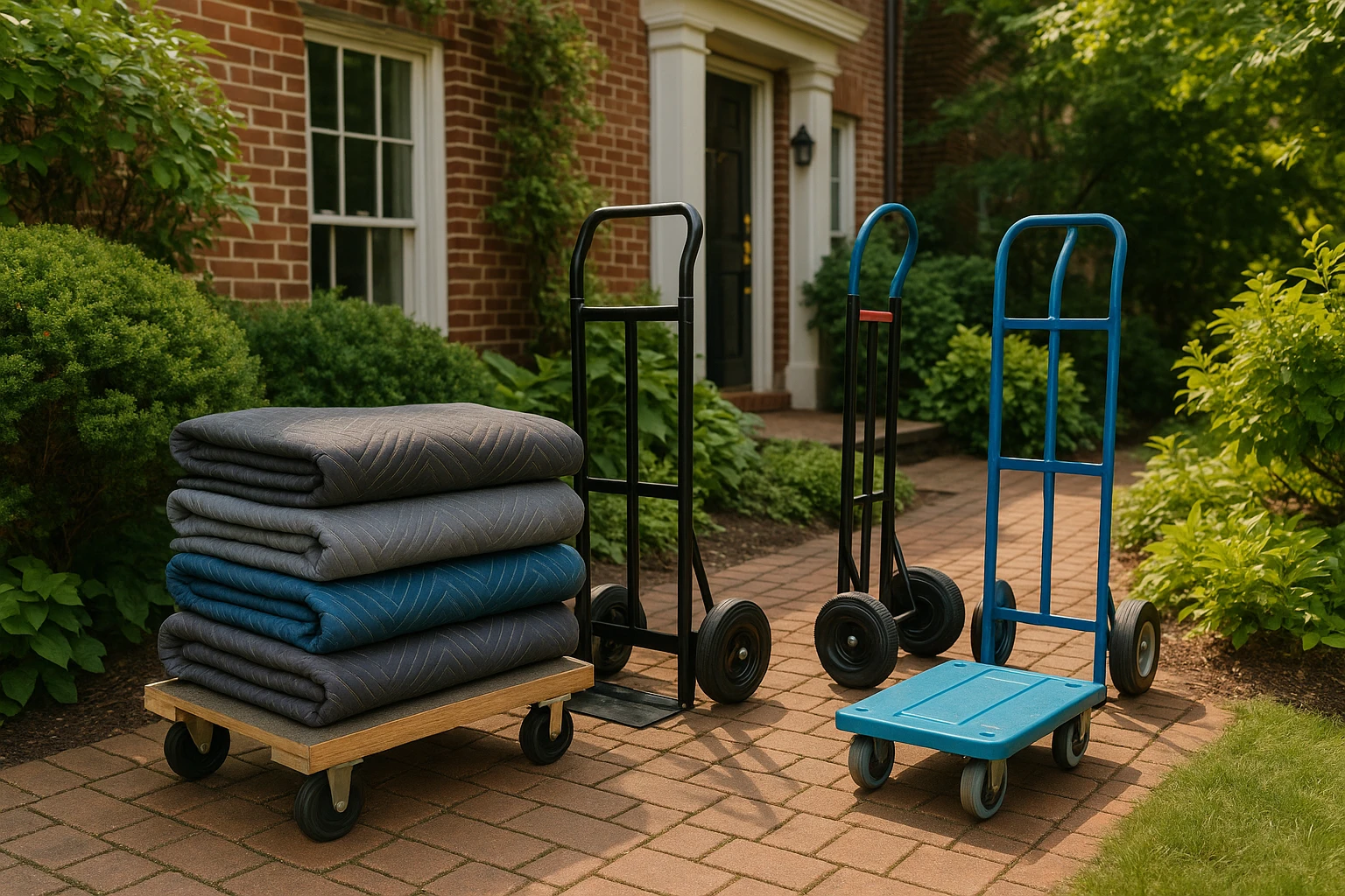 A stack of moving blankets, dollies, and hand trucks positioned outside a brick townhouse, ready for use, with a
