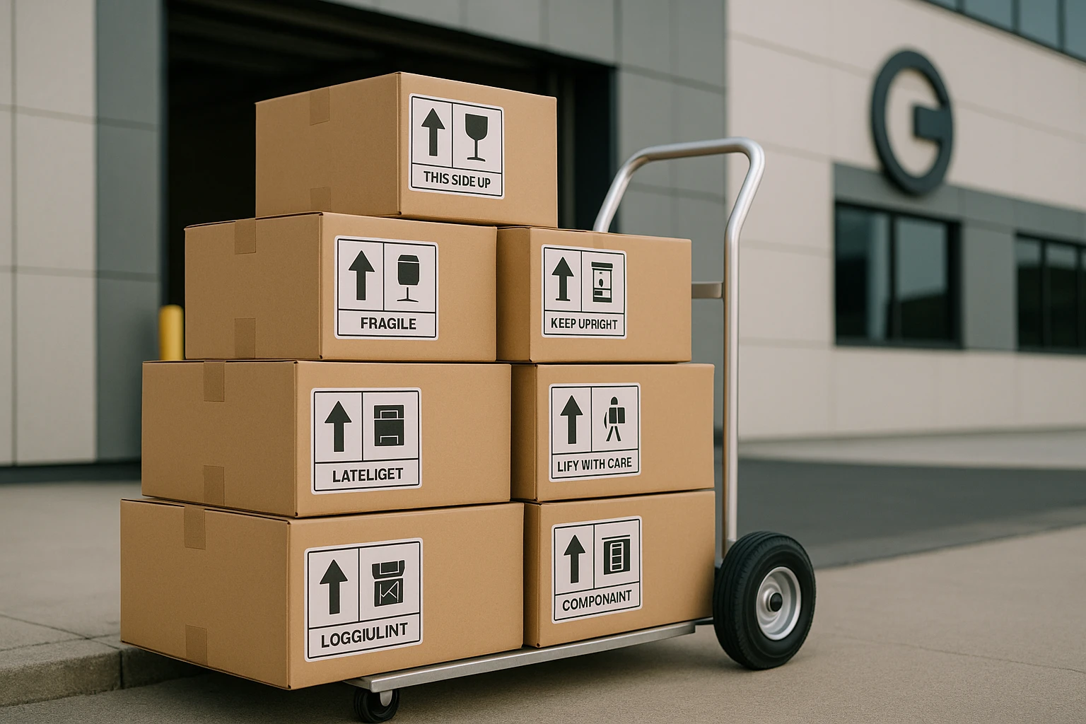 Stacks of labeled moving boxes are neatly arranged on a hand truck beside a loading dock, with a commercial building's logo visible in the background, suggesting organization and efficiency in business relocation.