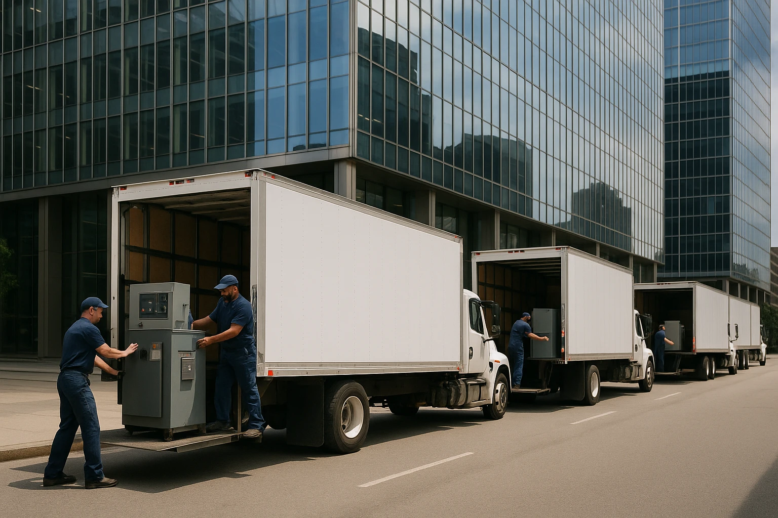 A row of moving trucks parked outside a tall glass office building, with workers loading large industrial equipment using hydraulic lift gates, capturing the robust and professional aspect of commercial relocations.