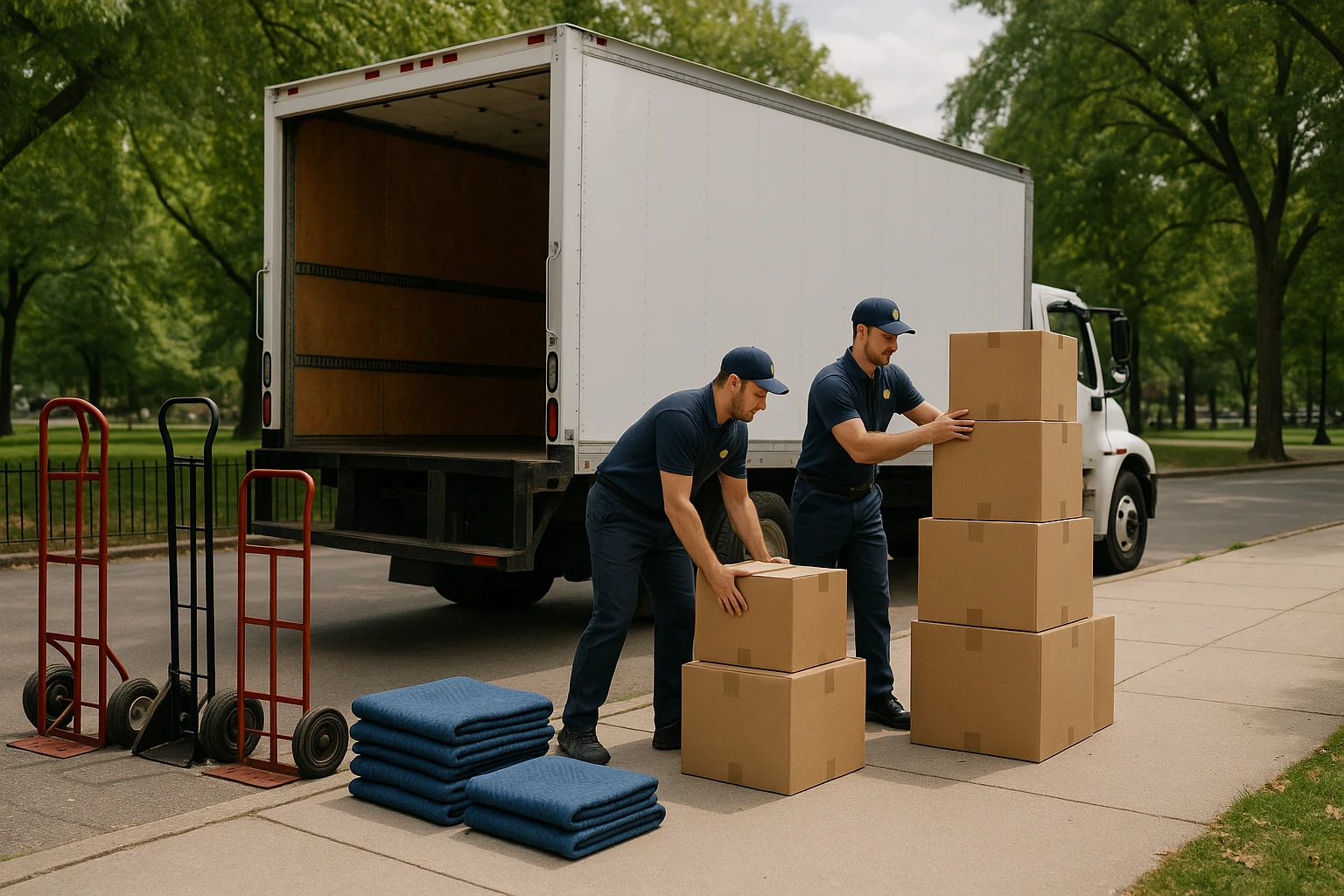 A robust moving company truck parked beside a leafy city park, with professional-grade dollies and padded blankets neatly arranged on the pavement, and large, labeled cardboard boxes being carefully stacked beside the truck by workers in branded uniforms.