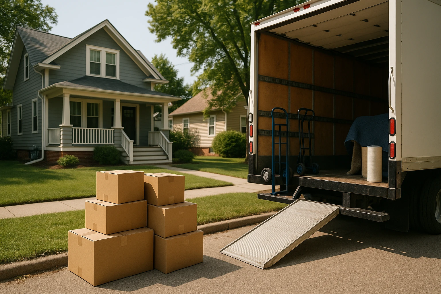 A cozy suburban street with a moving truck parked in front of a charming house, with boxes labeled