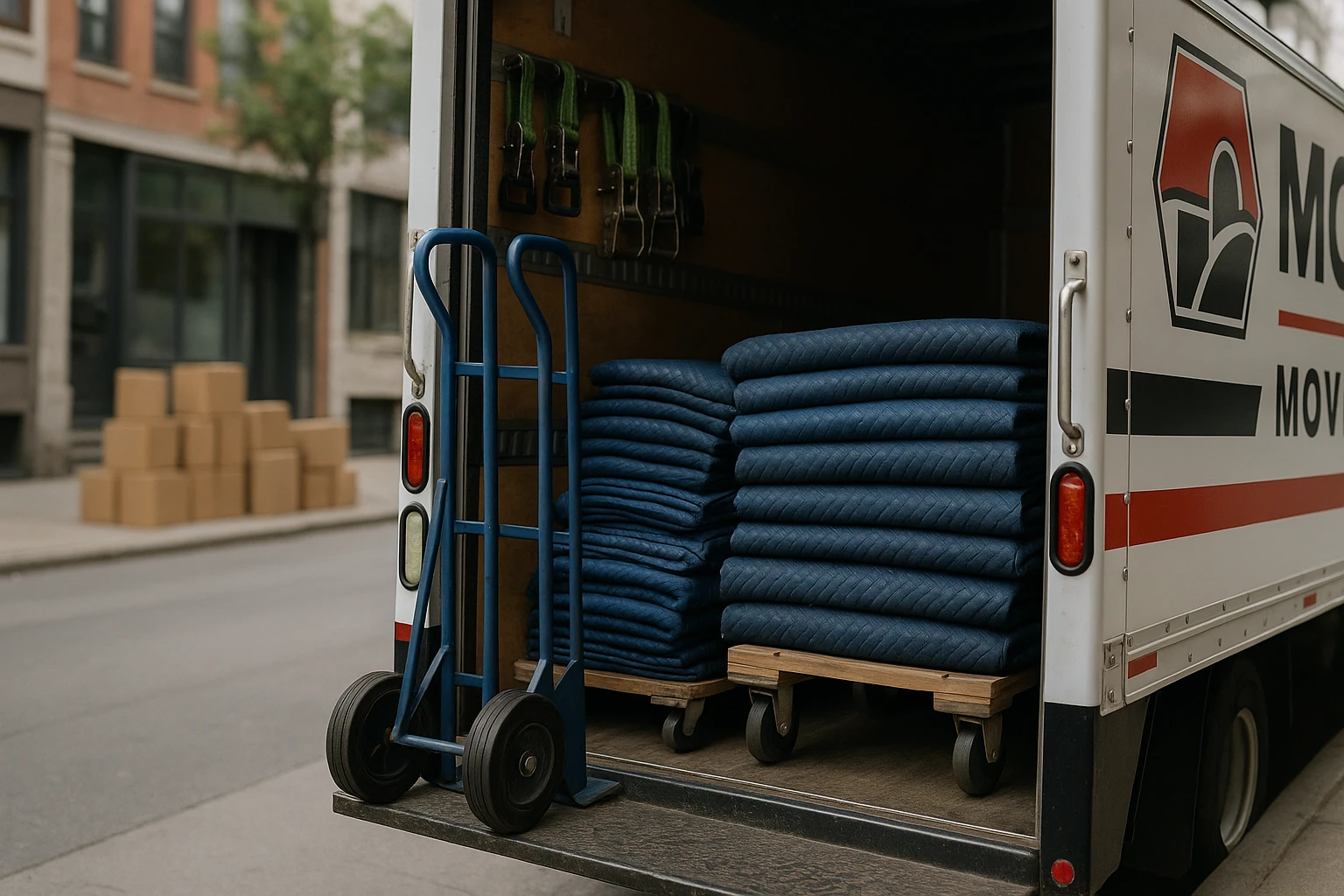 A close-up view of a moving truck's open cargo area showing an assortment of moving tools like dollies, straps, and blankets, with a clear view of company logos printed on the side panel, set against the backdrop of an urban street with a row of neatly packed boxes ready for loading.