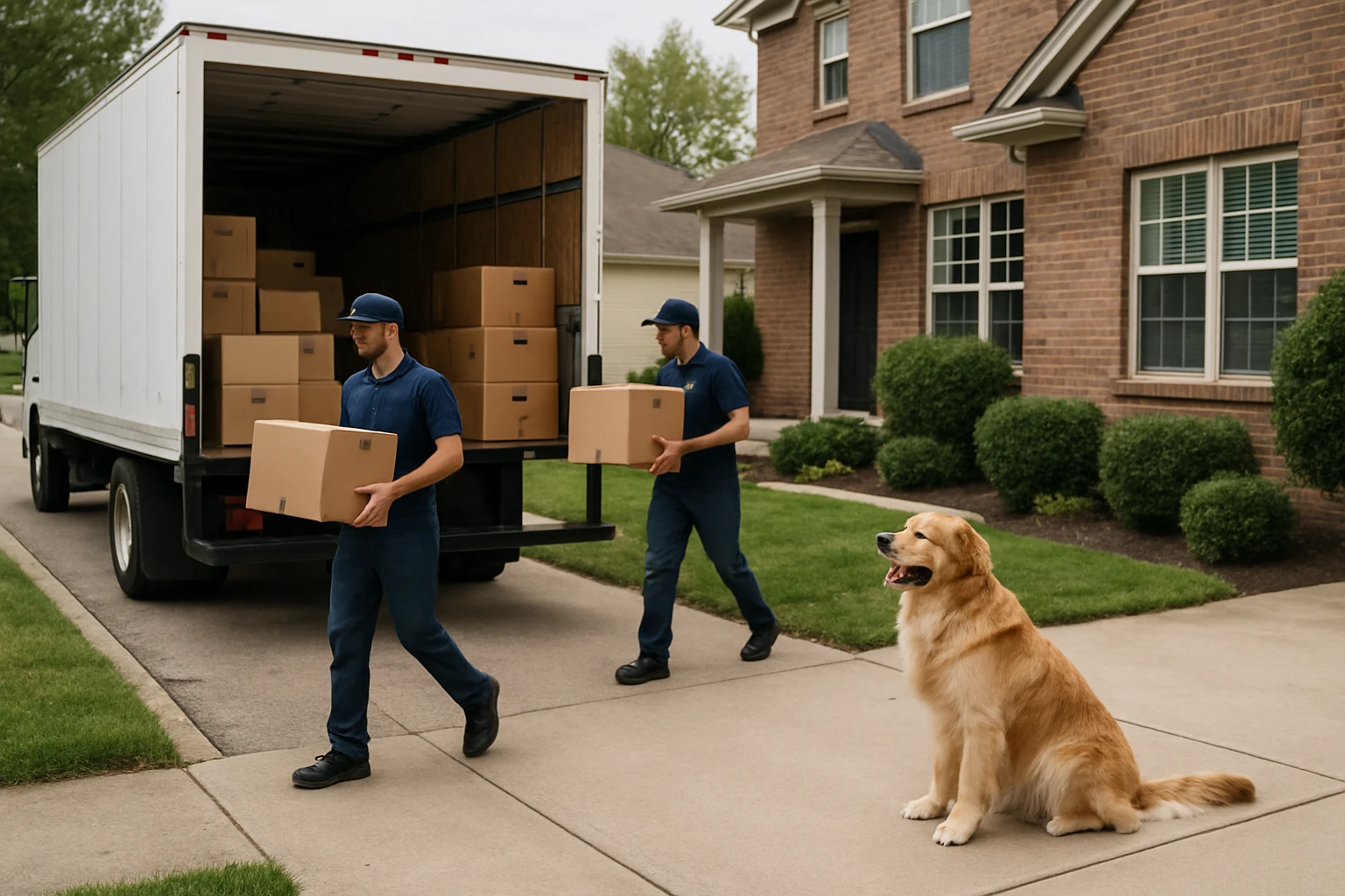 A bustling moving truck parked on a suburban street, with movers carrying neatly labeled boxes from a home, a family dog excitedly watching the activity from the driveway.