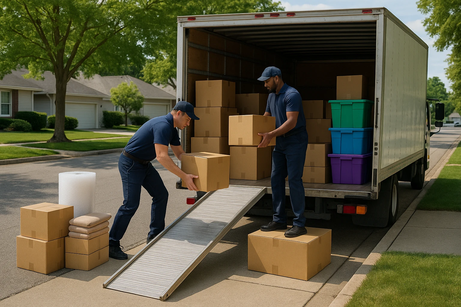 A moving truck parked on a suburban street, with movers loading labeled cardboard boxes and colorful storage bins, while a stack of neatly organized packing supplies rests on the sidewalk beside them.