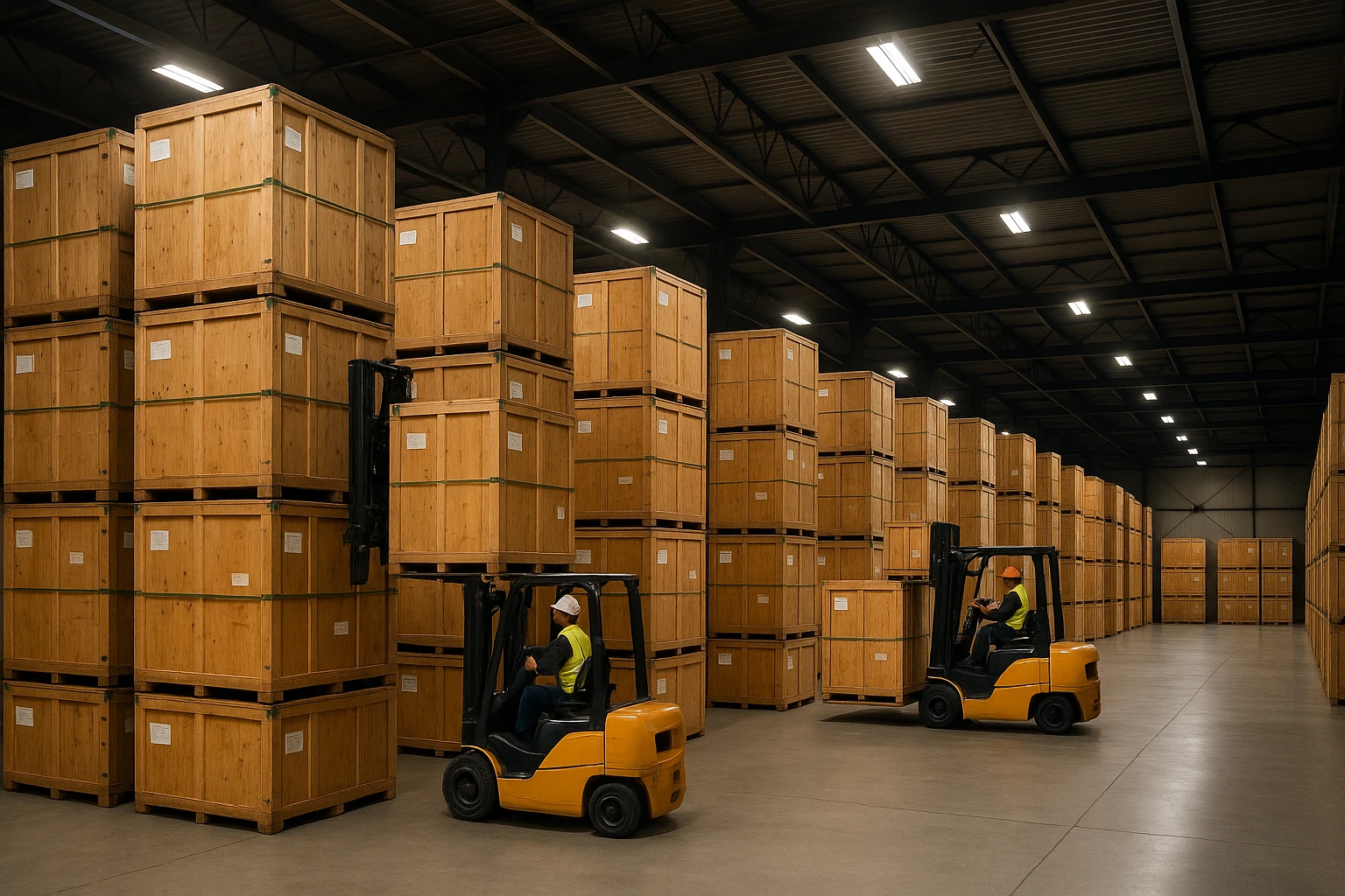 Stacked storage units in a spacious warehouse with movers using forklifts to carefully position large, secured wooden crates labeled for various destinations, while bright overhead lights illuminate the organized layout.