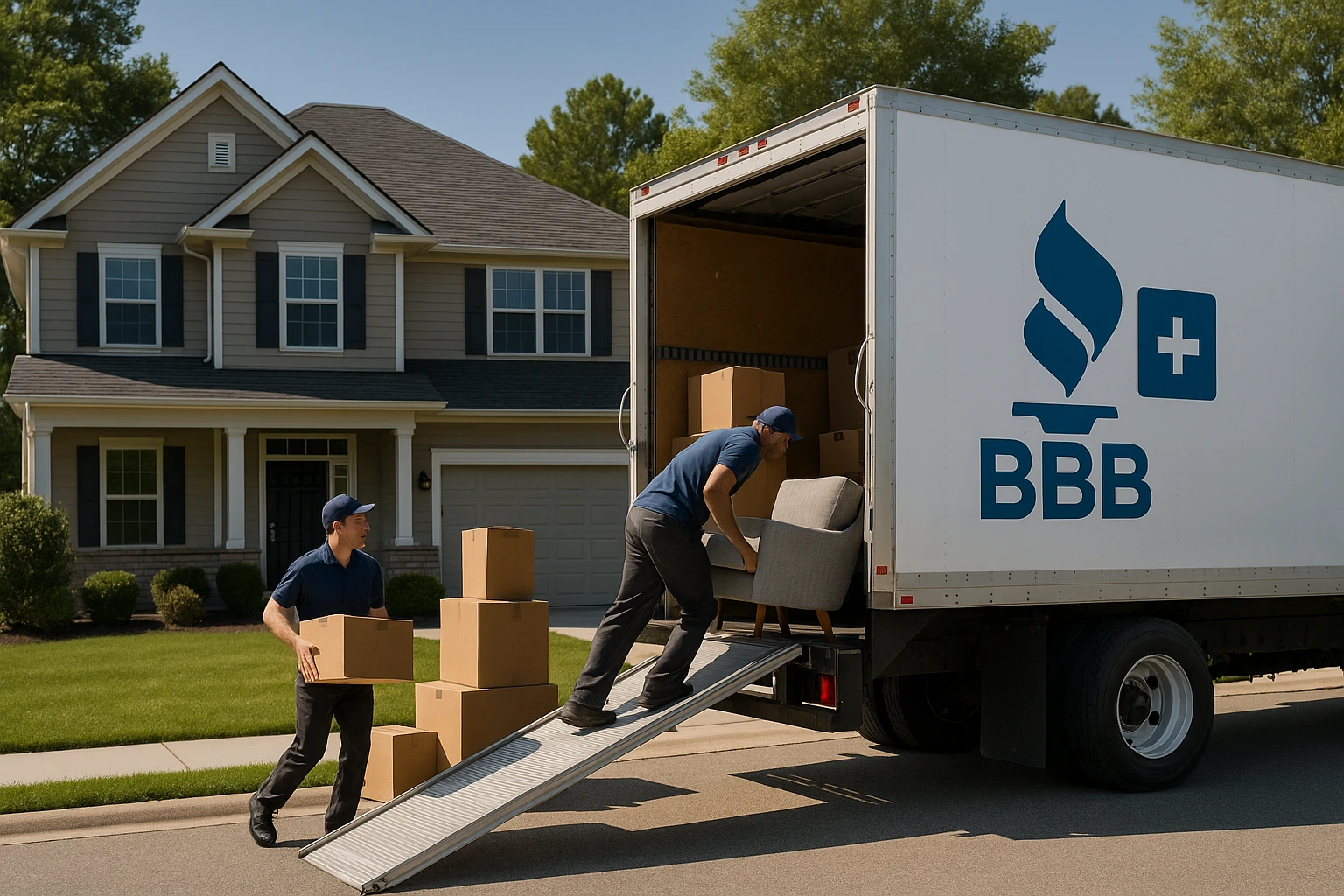 A moving truck branded with a