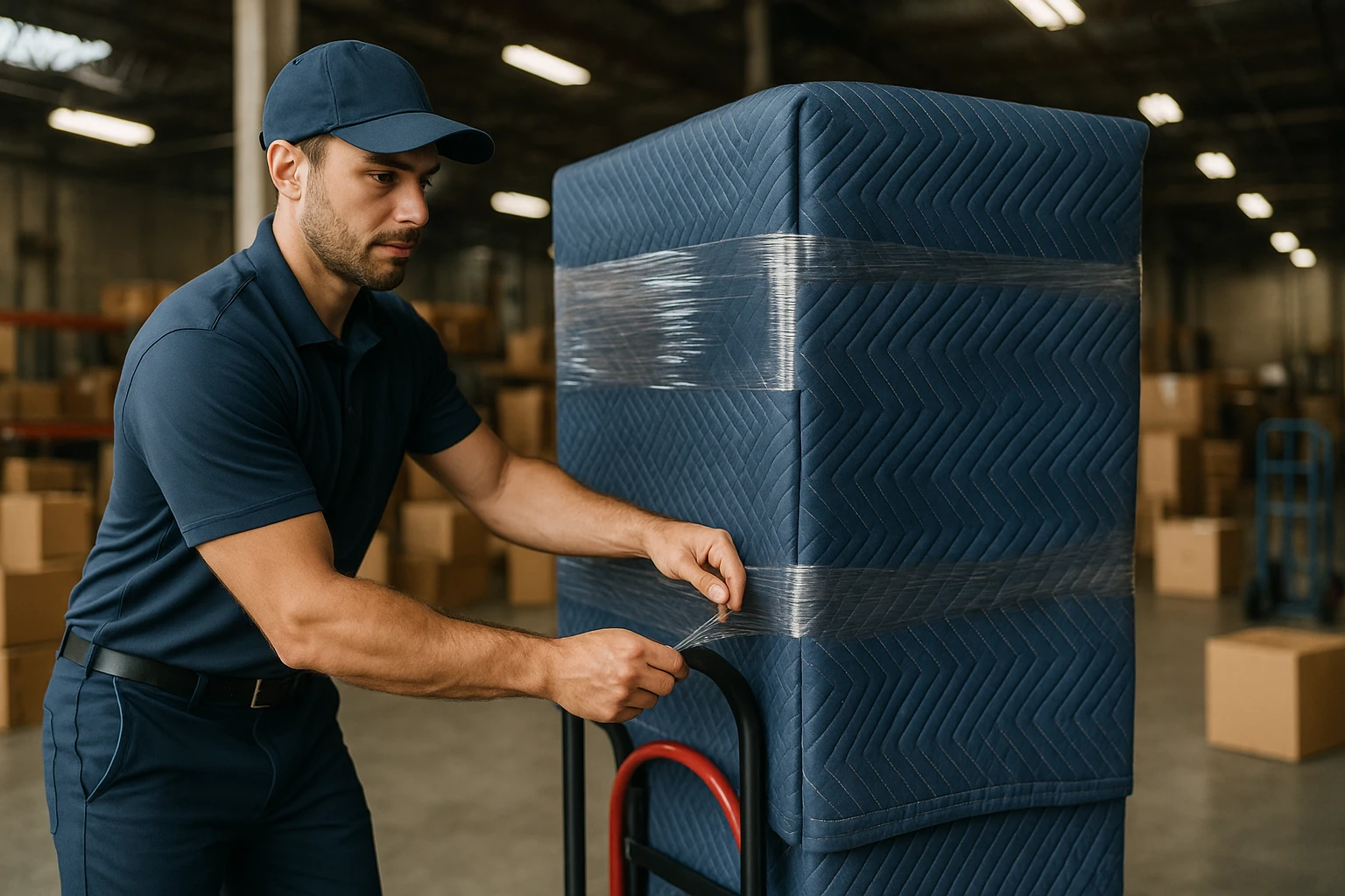 A professional mover wearing a uniform is securing a large, wrapped piece of furniture with a signature