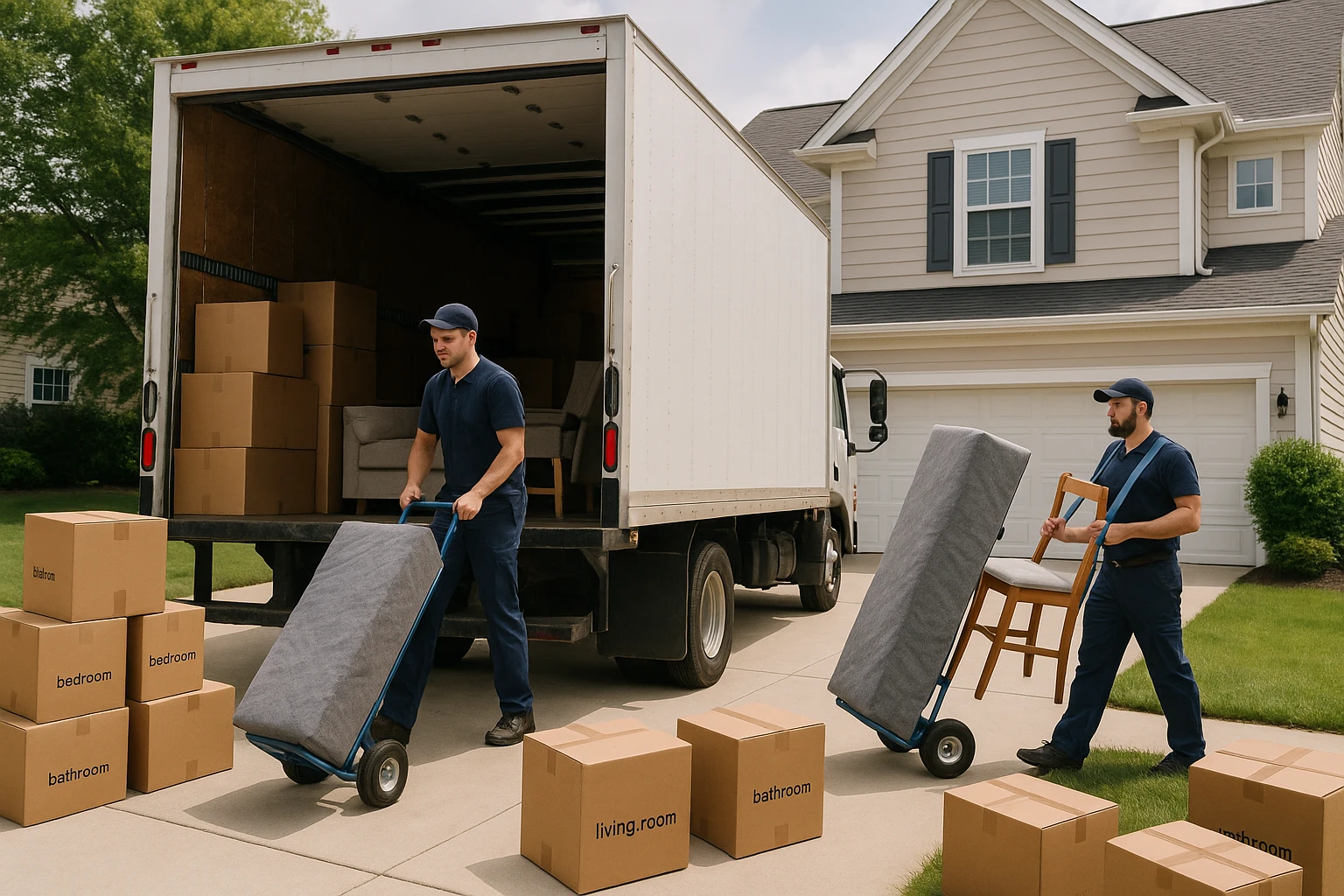 A spacious moving truck parked outside a suburban home, surrounded by cardboard boxes labeled with different room names, and movers efficiently loading furniture using dollies and straps.