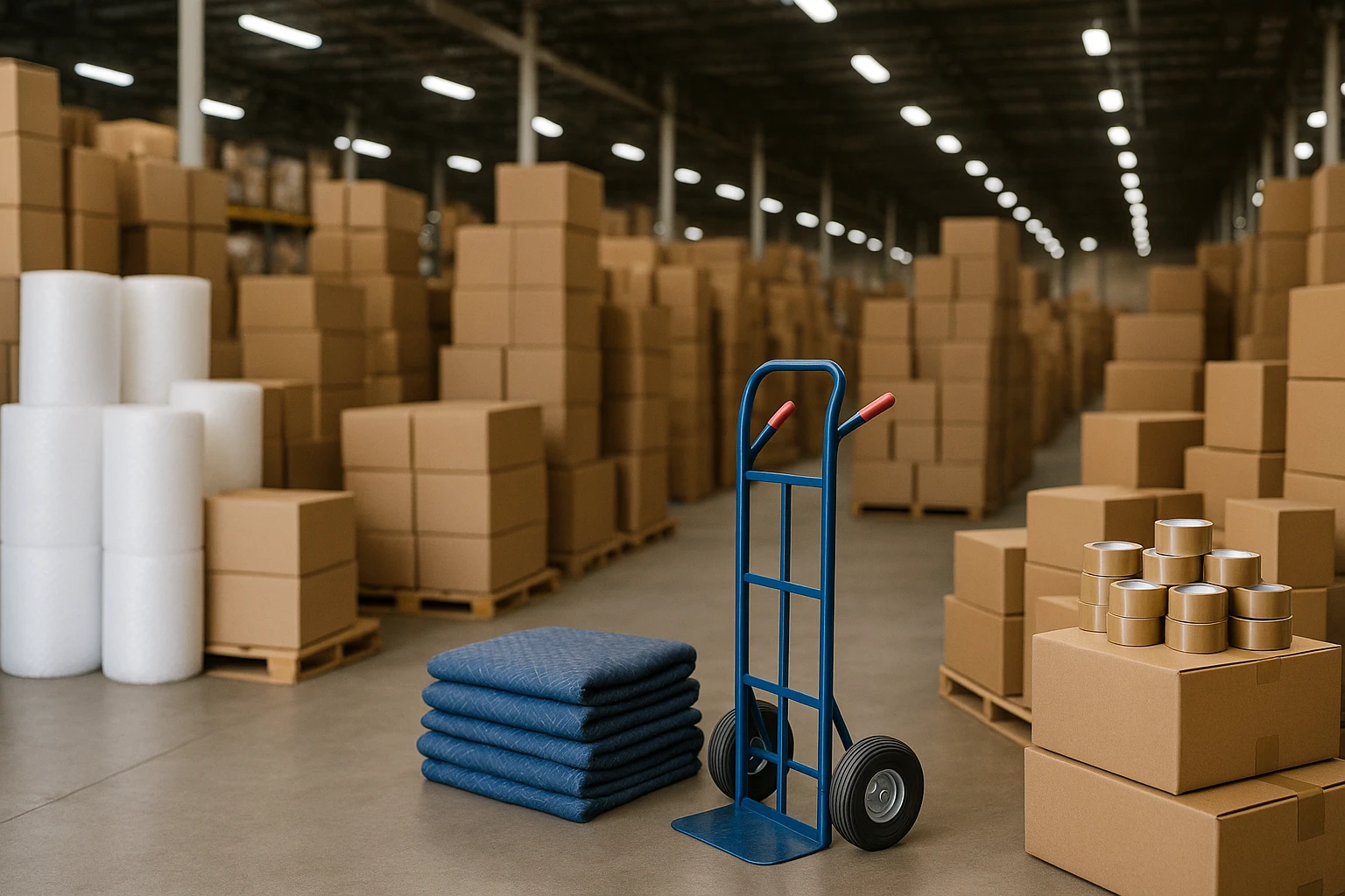 A bustling warehouse filled with neatly stacked moving supplies, including rolls of bubble wrap, stacks of packing tape, and various sizes of sturdy cardboard boxes, with a dolly and neatly folded moving blankets in the foreground.