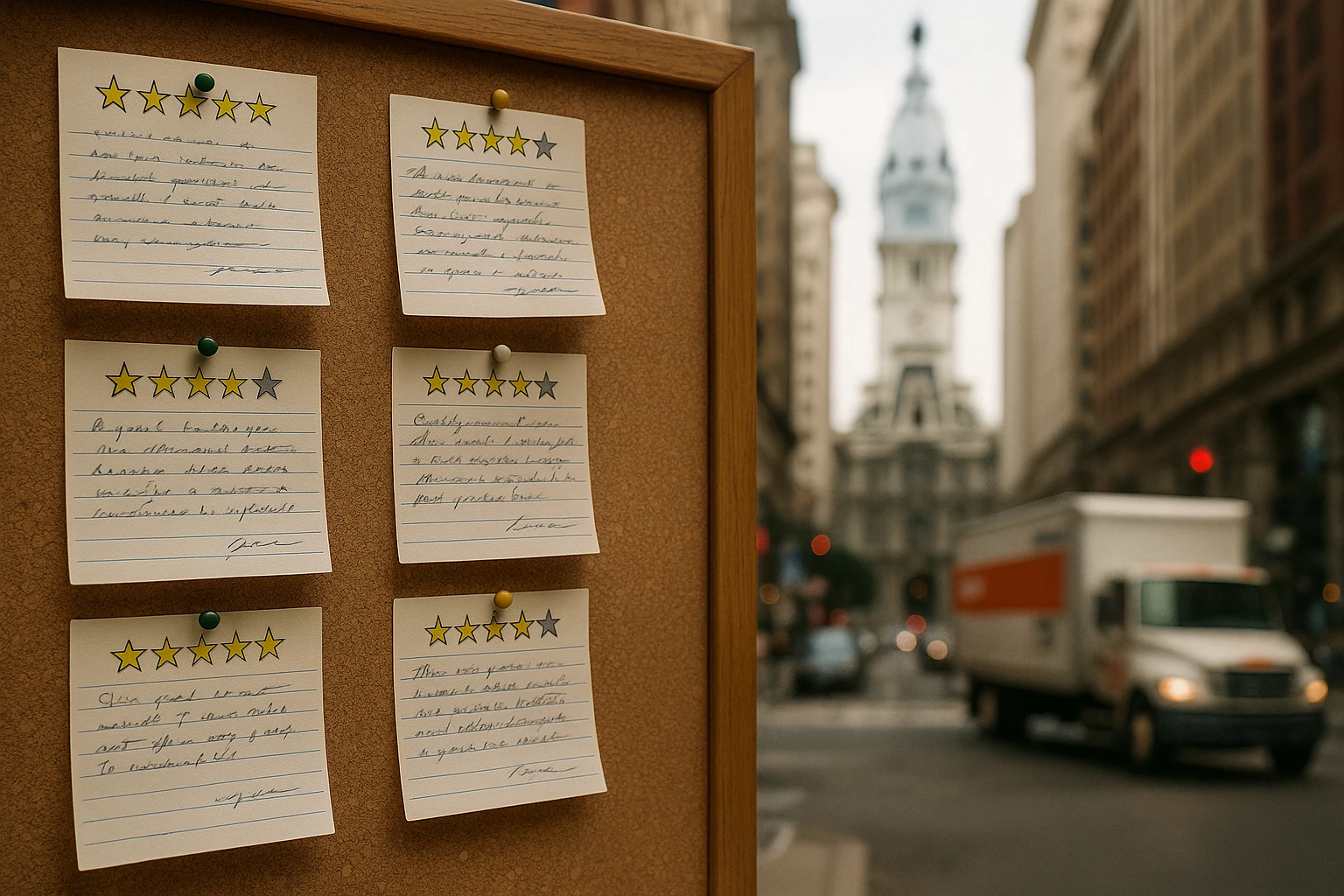 A collection of customer review cards pinned to a large corkboard, each adorned with handwritten notes and star ratings, set against the backdrop of a bustling Philadelphia street with a moving truck parked nearby.