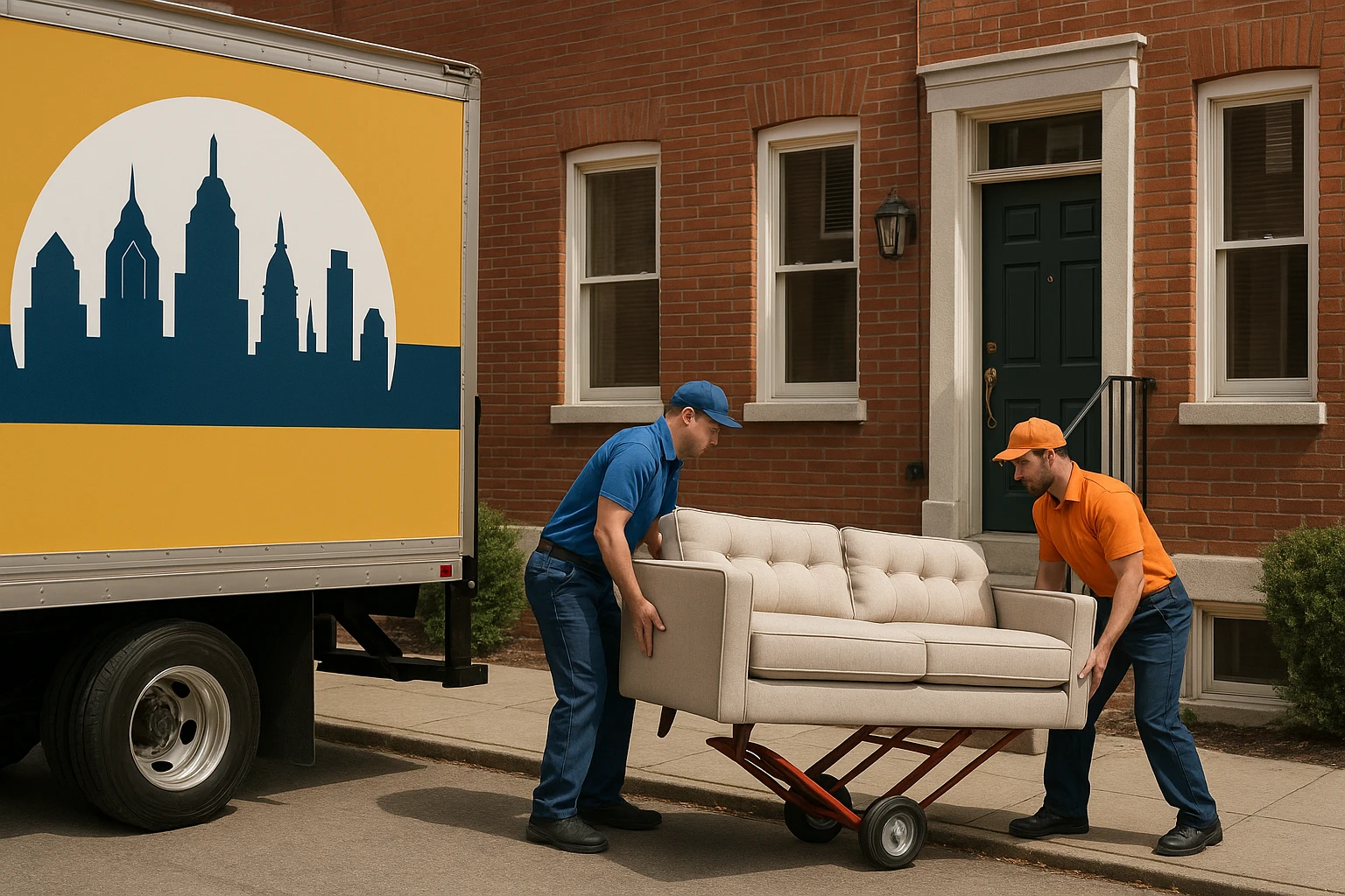A moving truck with a bold logo of a Philadelphia skyline parked outside a red-brick rowhouse, with movers in bright uniforms carefully loading a plush couch on a dolly.