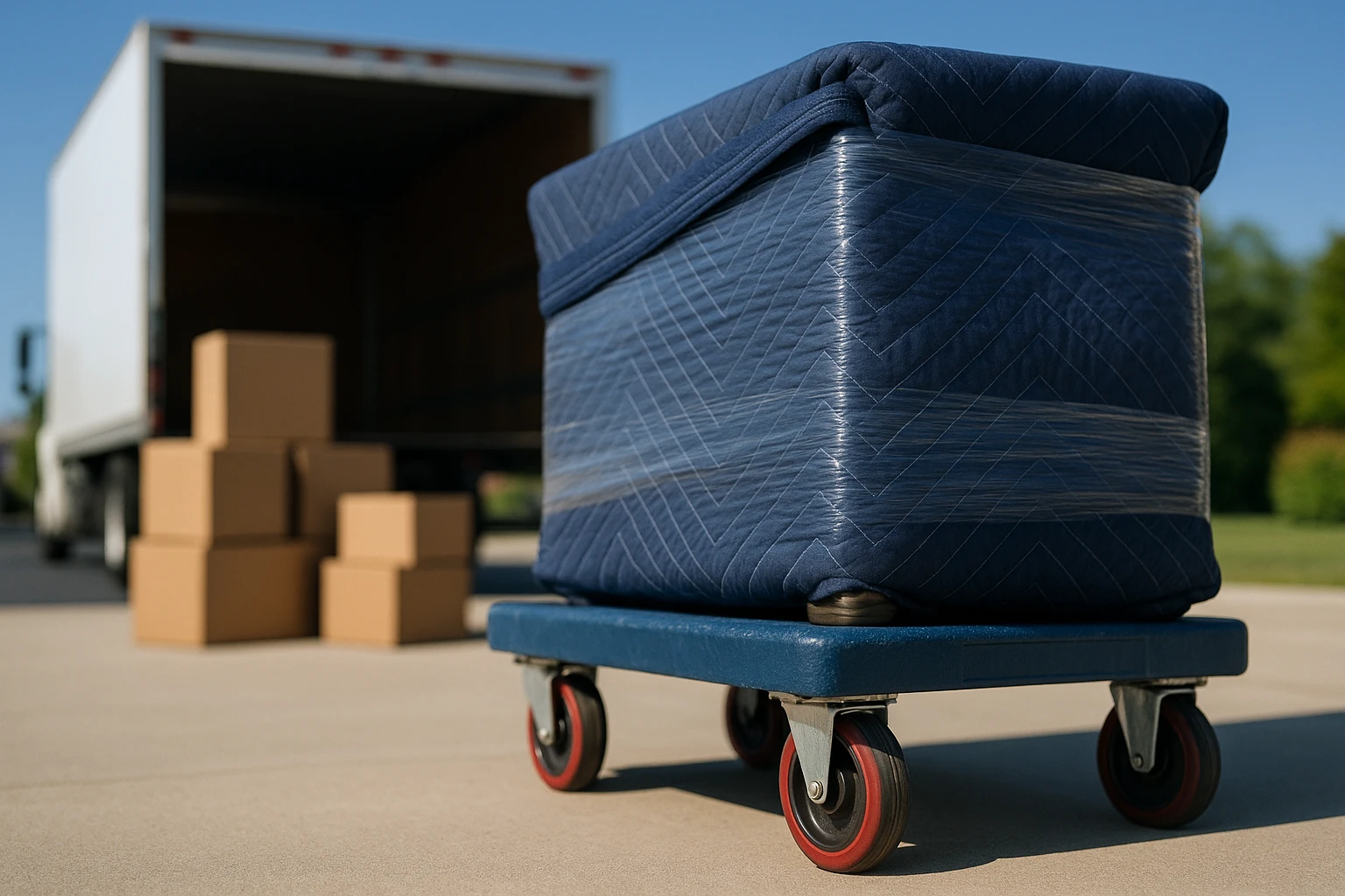 A close-up of a Superior Moving branded dolly loaded with securely wrapped furniture, placed on a smooth driveway with the backdrop of an open moving truck and a neat row of cardboard boxes, all under a clear blue sky.