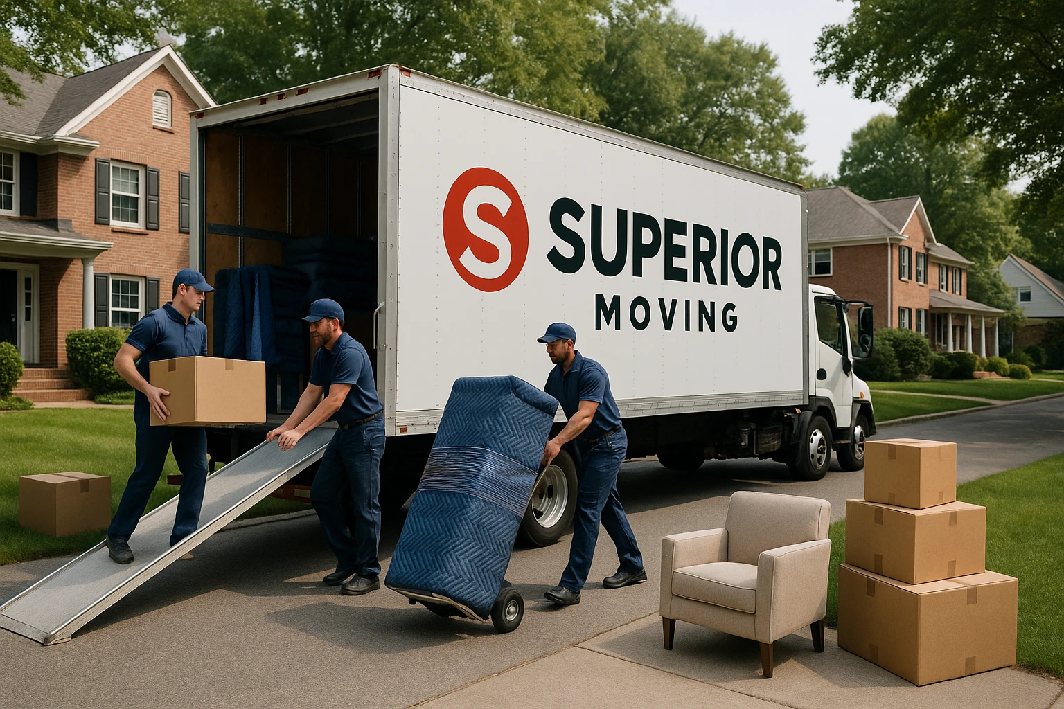 A moving truck with the Superior Moving logo parked in a suburban neighborhood, surrounded by packed boxes and furniture being loaded by movers in uniform, illustrating a professional and efficient moving process.