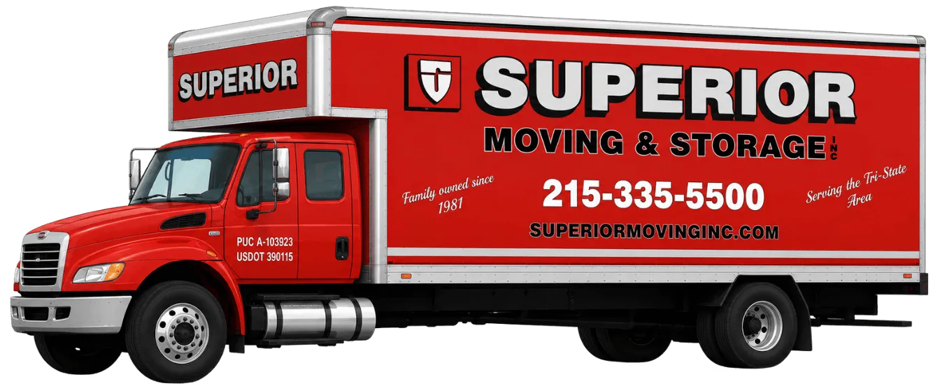 Red moving truck with Superior Moving & Storage logo, phone number, and website on the side.