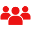 Red icon of three people representing a team or group.