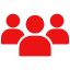 Red icon of three people representing a team or group.