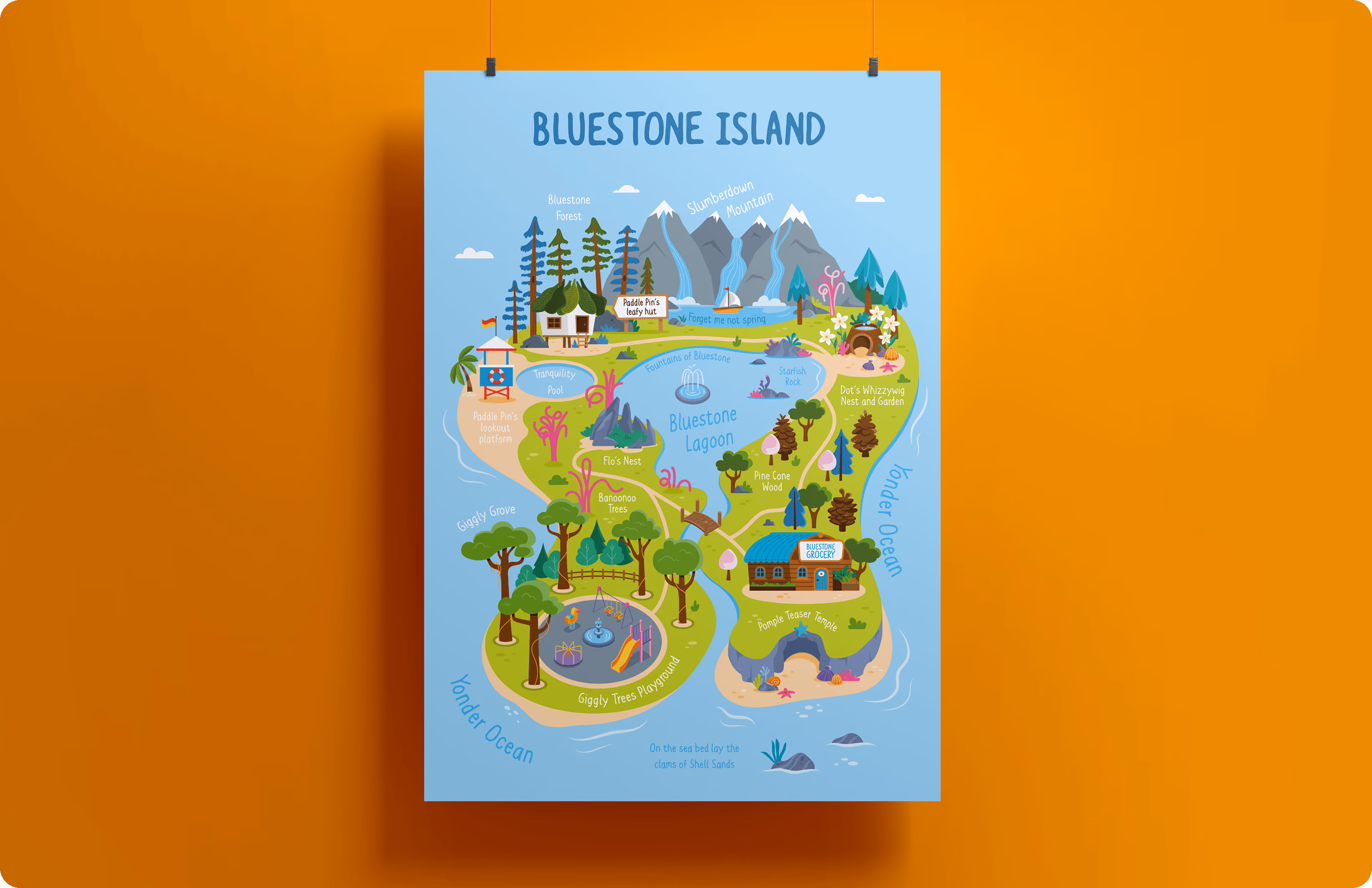 Colorful illustrated map of Bluestone Island with landmarks like lagoon, forest, playground, and mountains.