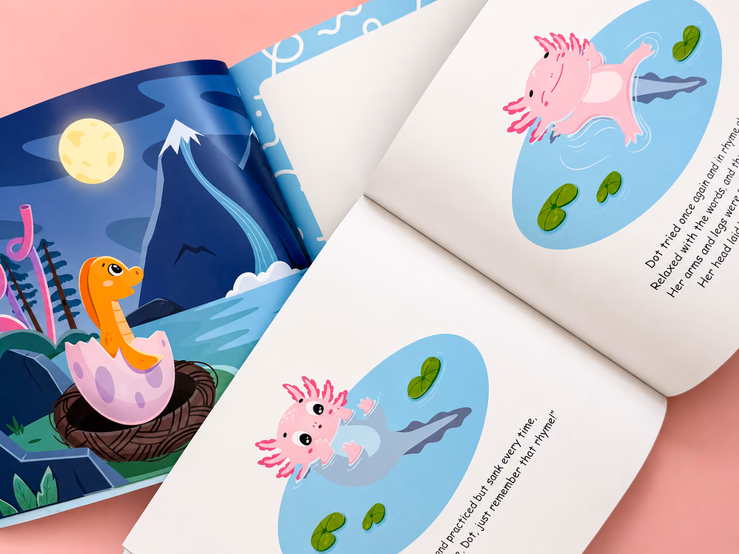 Open children's book with cartoon dinosaur hatching and pink axolotl in water with lily pads.
