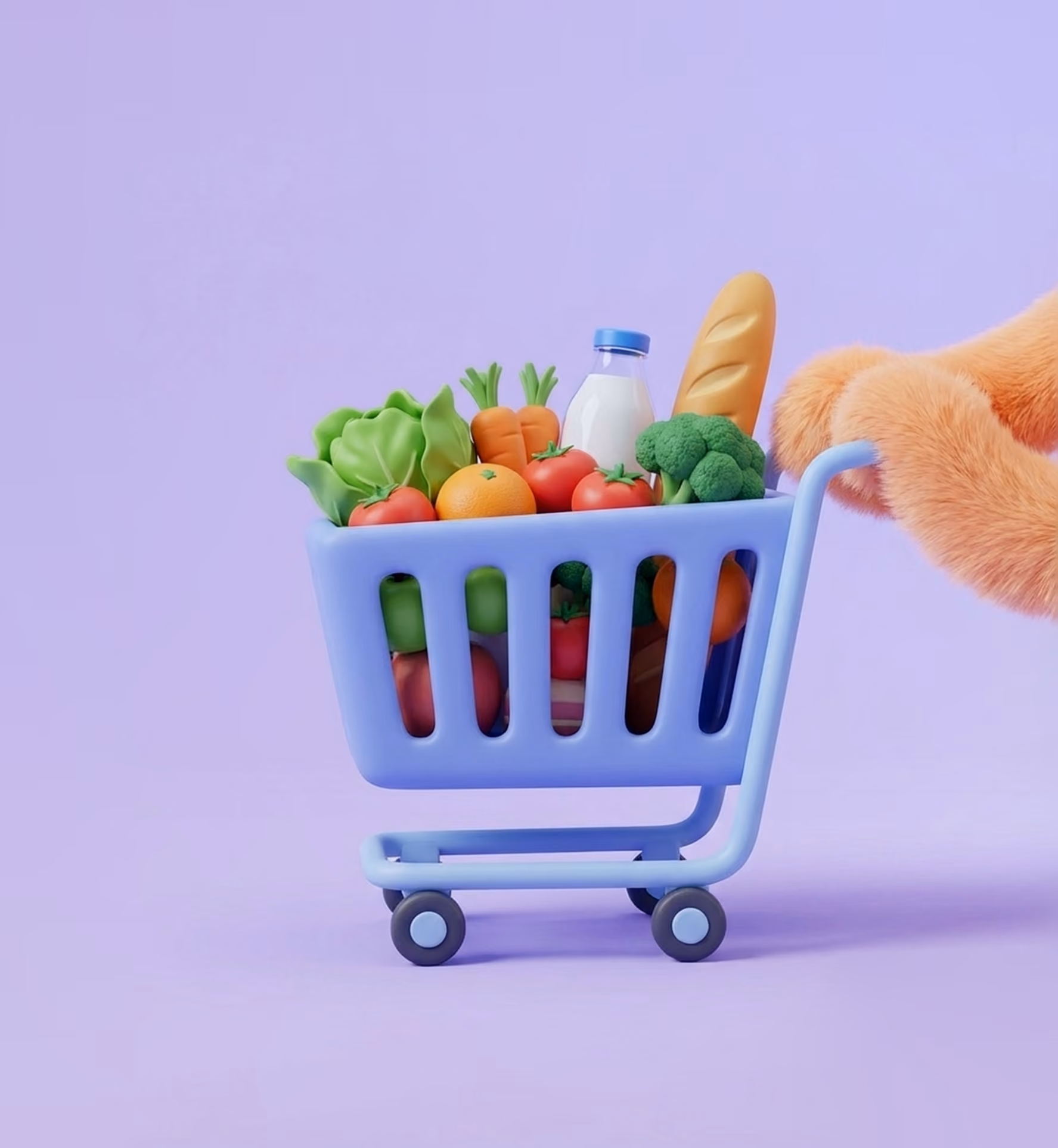 Blue shopping cart filled with vegetables, fruits, milk, bread, and pushed by furry hands.