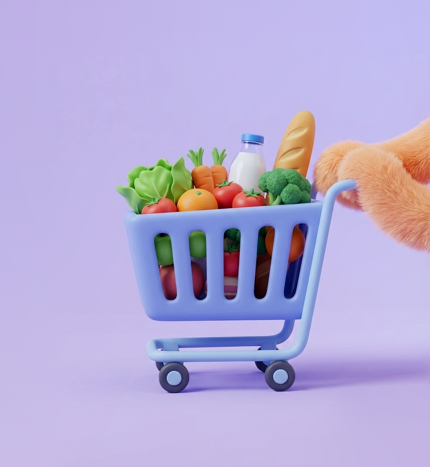 Blue shopping cart filled with vegetables, fruits, milk, bread, and pushed by furry hands.