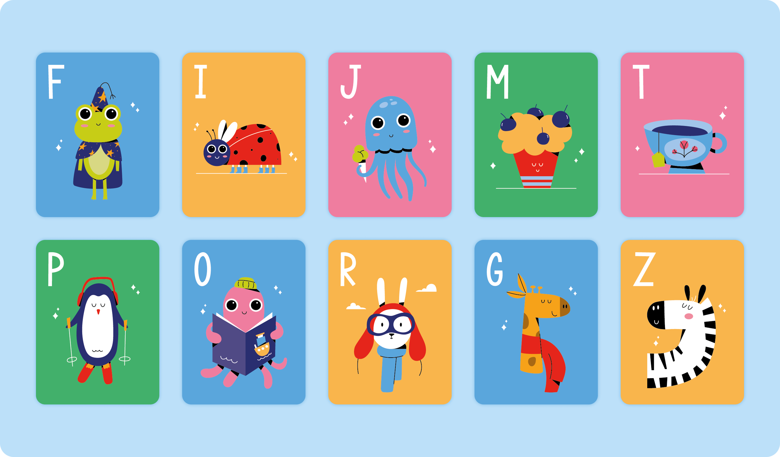 Colorful cards with letters and cute cartoon animals and objects like frog, ladybug, jellyfish, cupcake, tea cup.