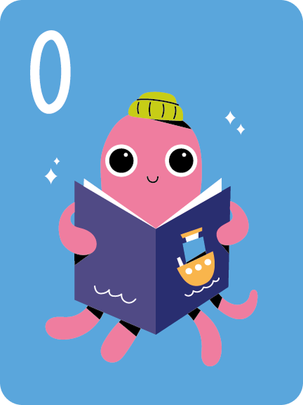 Cute pink octopus wearing a green hat reading a blue book with a ship on cover on blue background.
