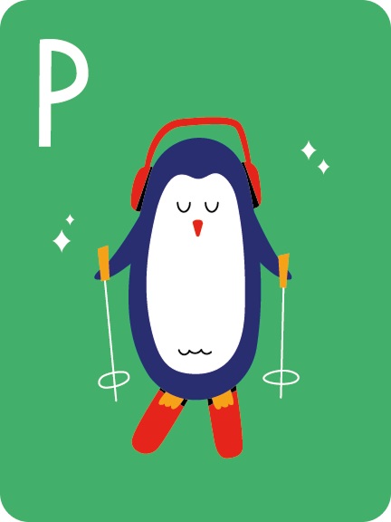 Cartoon penguin skiing with red skis and headphones on a green background with letter P.