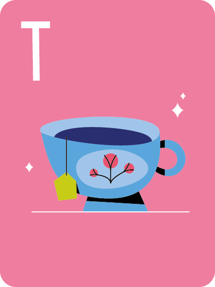 Blue teacup with tea bag and flower design on pink background with letter T.