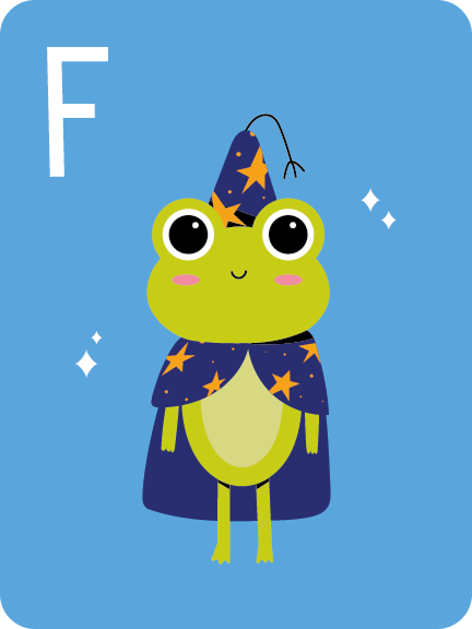 Cute green frog wearing a starry wizard hat and cape on a blue background with letter F.
