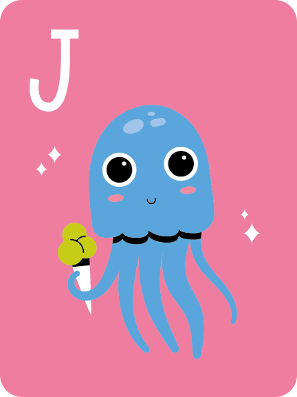 Cute blue jellyfish holding a green cone on a pink background with a white letter J.