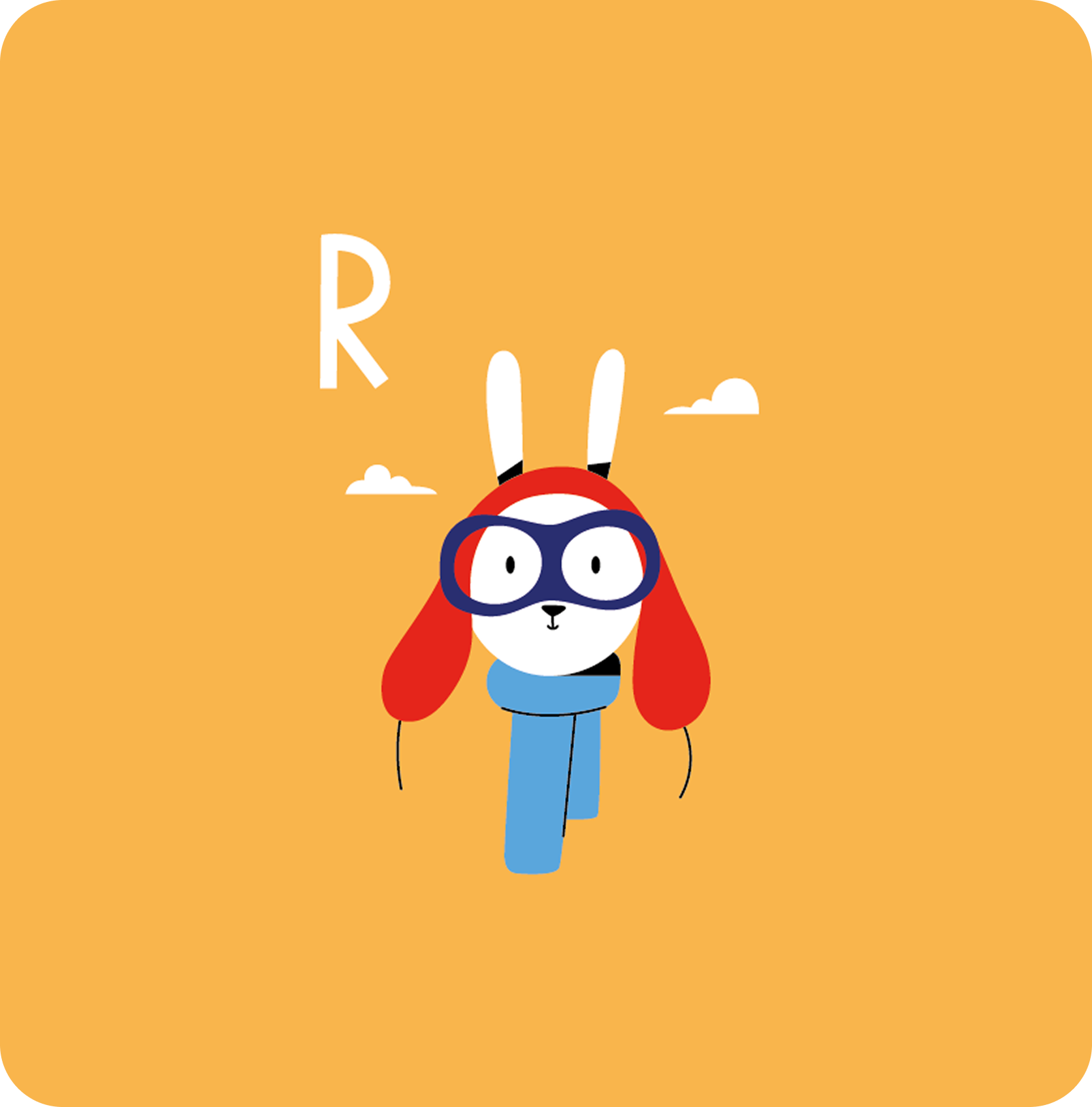Cartoon bunny with red aviator hat, blue goggles, and blue scarf on orange background with R and clouds.
