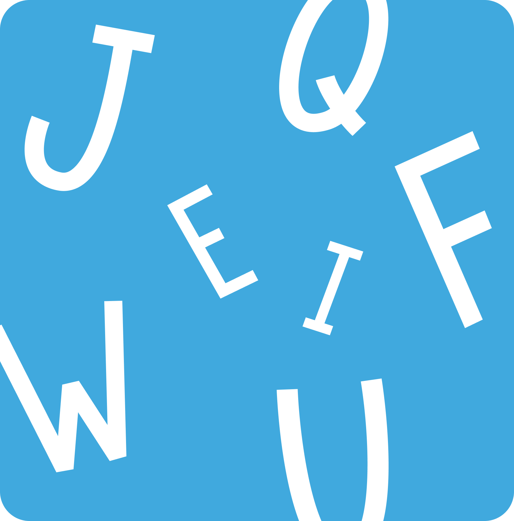 Randomly arranged white letters J, Q, E, I, F, W, U on blue background.
