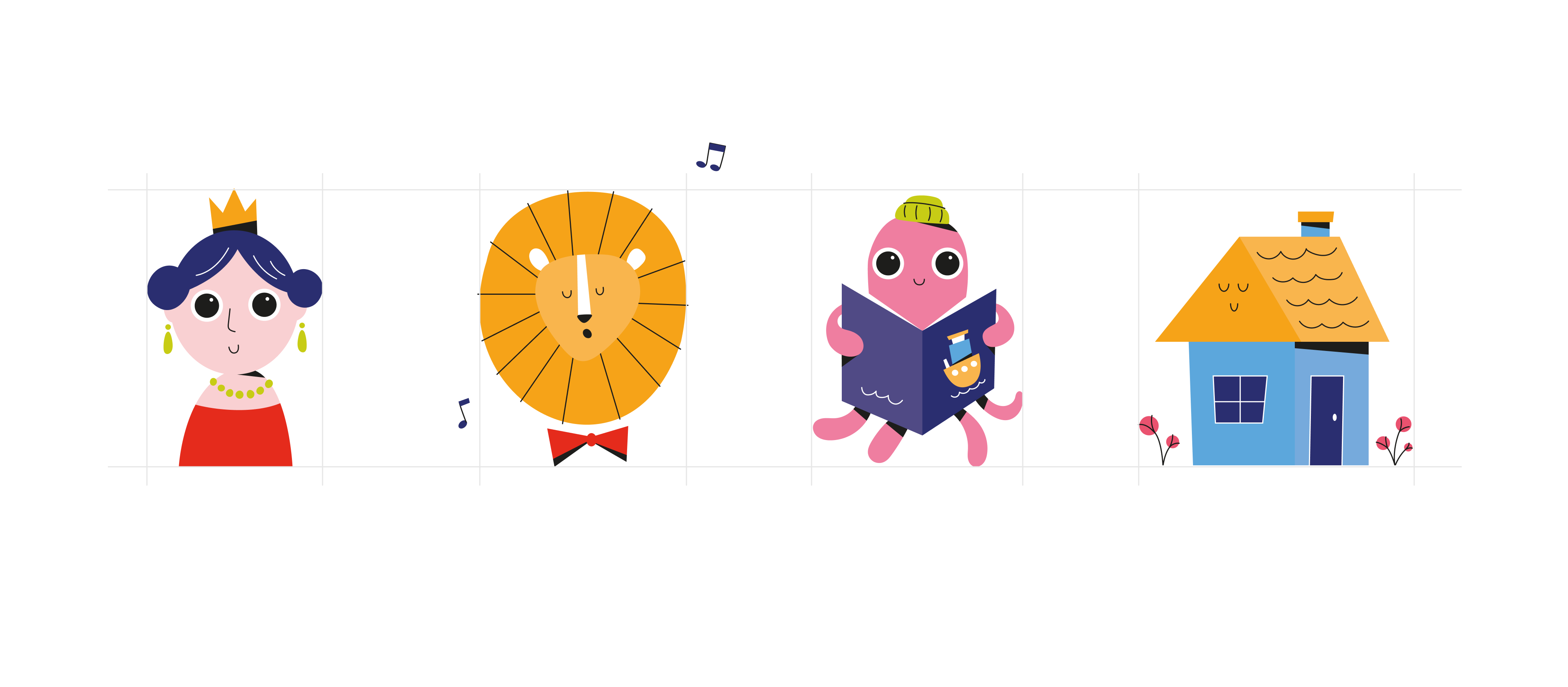 Cartoon queen, singing lion with bow tie, octopus reading book, and blue house with orange roof.