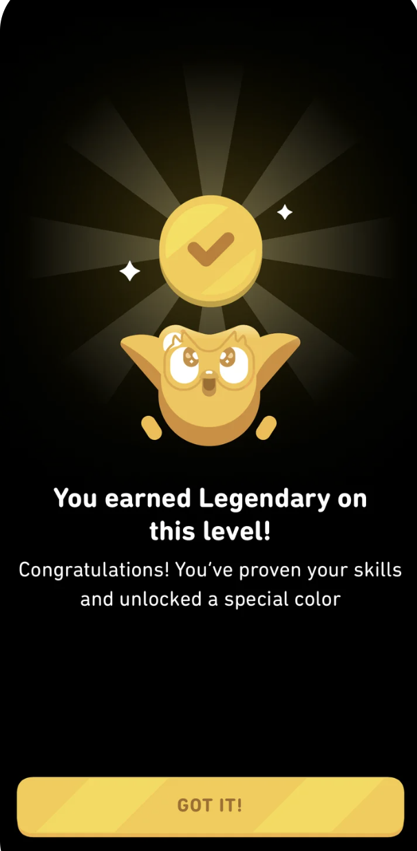 Cartoon yellow character celebrating under a gold checkmark coin with text about earning Legendary on this level.