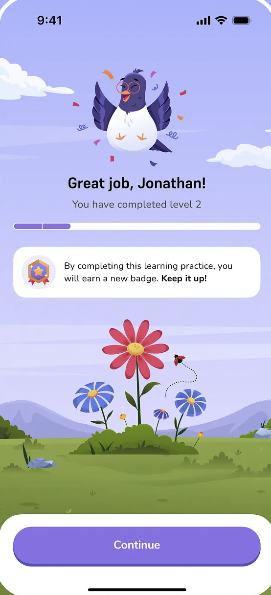 App screen shows a celebratory bird for completing level 2, earning a badge, with a continue button below.